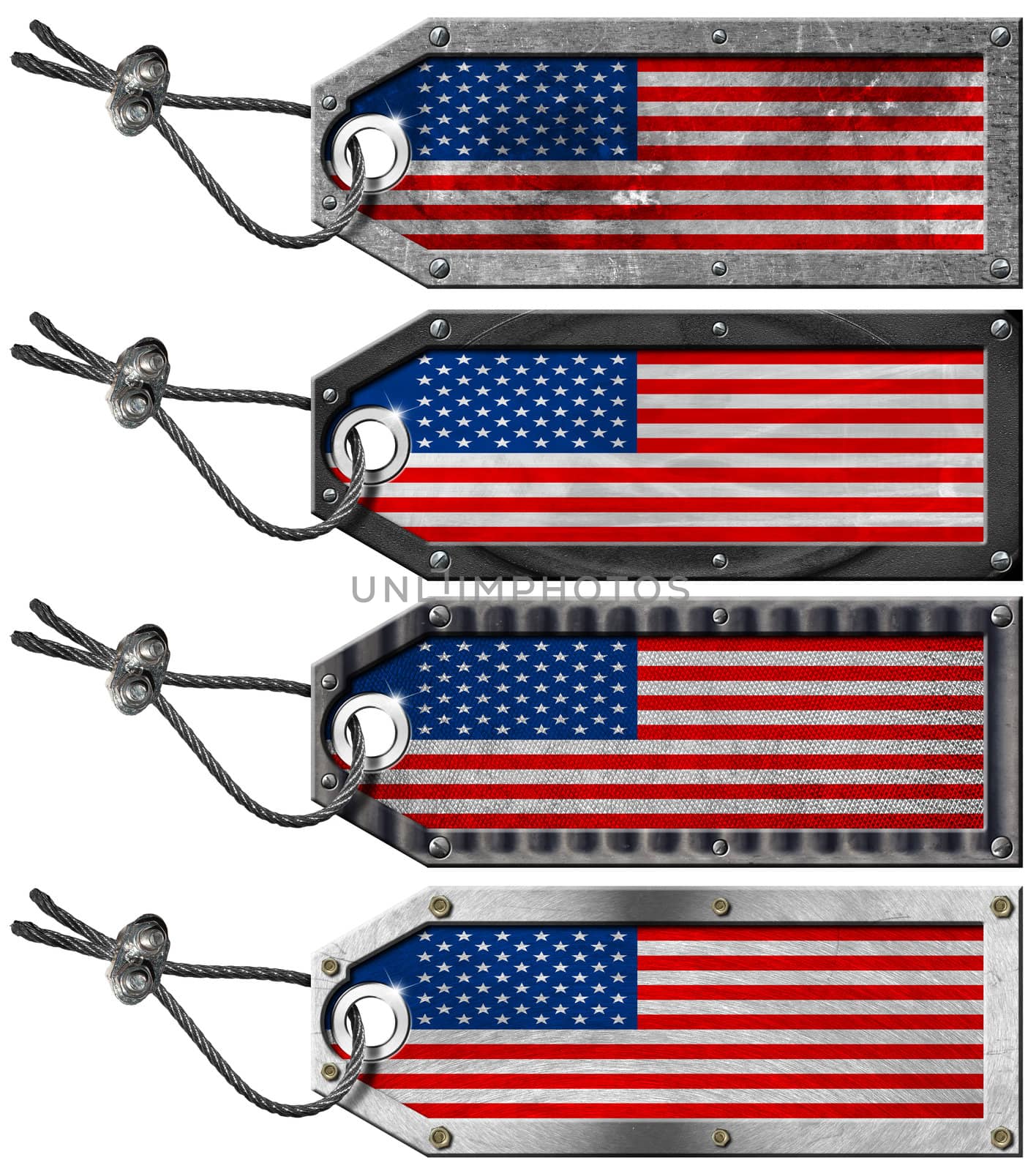 Four grunge metallic tags with USA flags, steel cable and metal rivets
