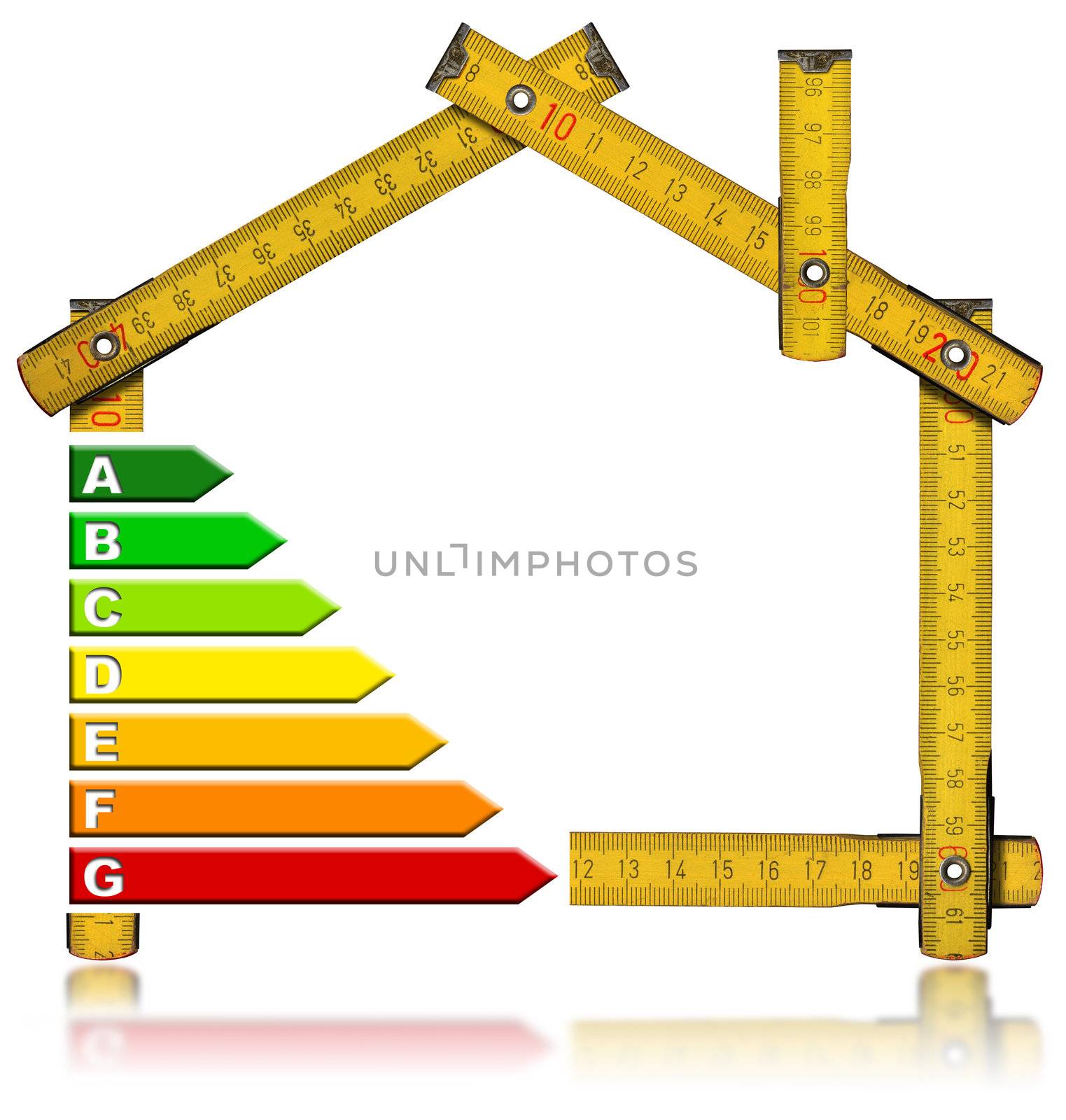 Wooden meter tool forming a house with certification electric output

