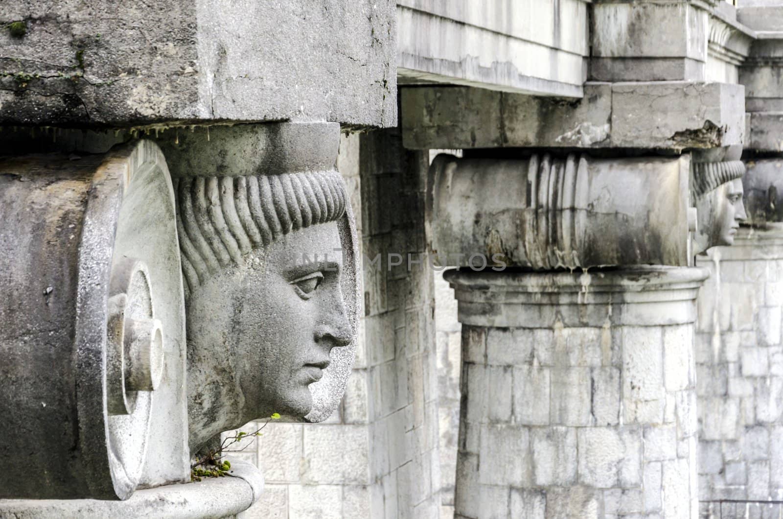 Unique capitels on Plecnik's waterbarrier on river Ljubljanica, Ljubljana, Slovenia.