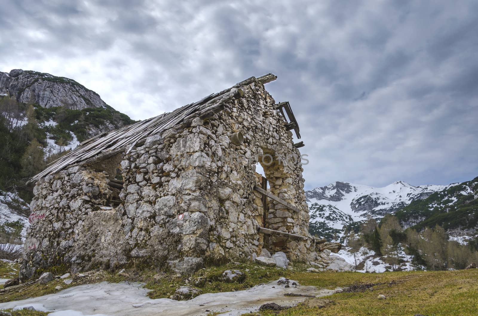 Old shepherd`s cottage ruin near Vogel peak, Slovenia, Europe
