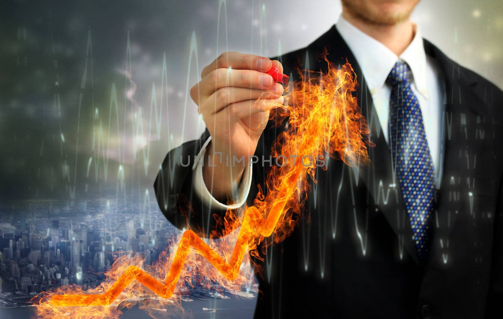 Businessman with a Flaming arrow indicating growth