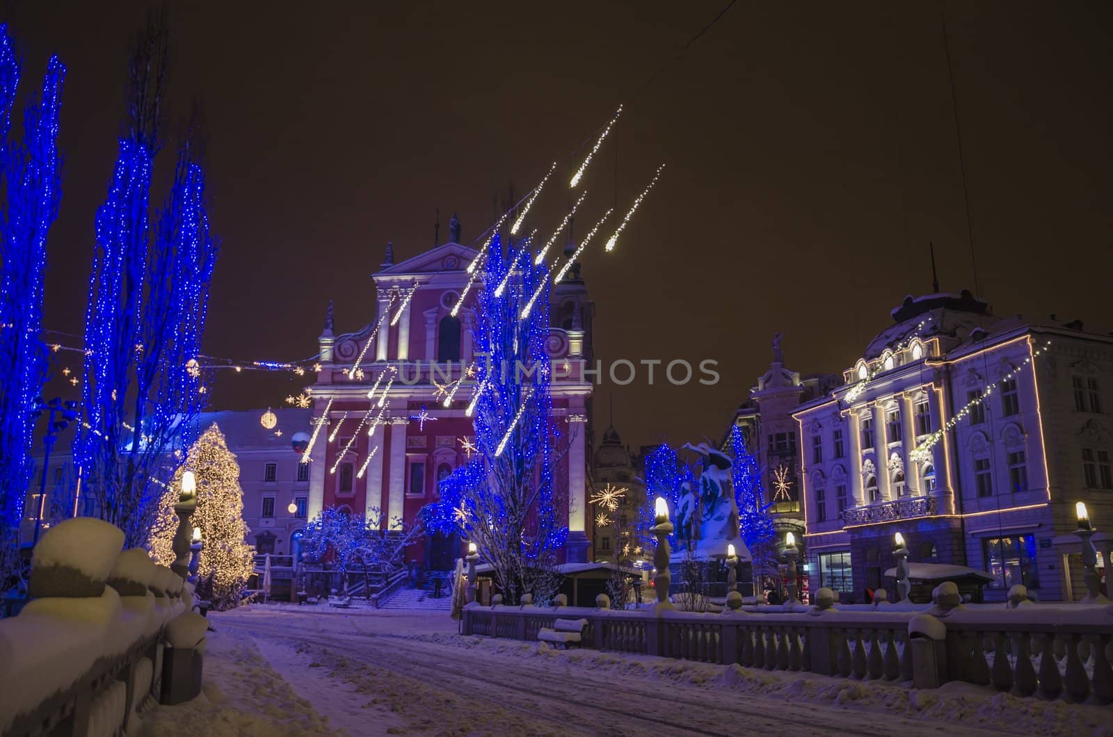 Preseren square winter festive decoration viewed from Triple bridge. Ljubljana, Slovenia, on December 8, 2012.