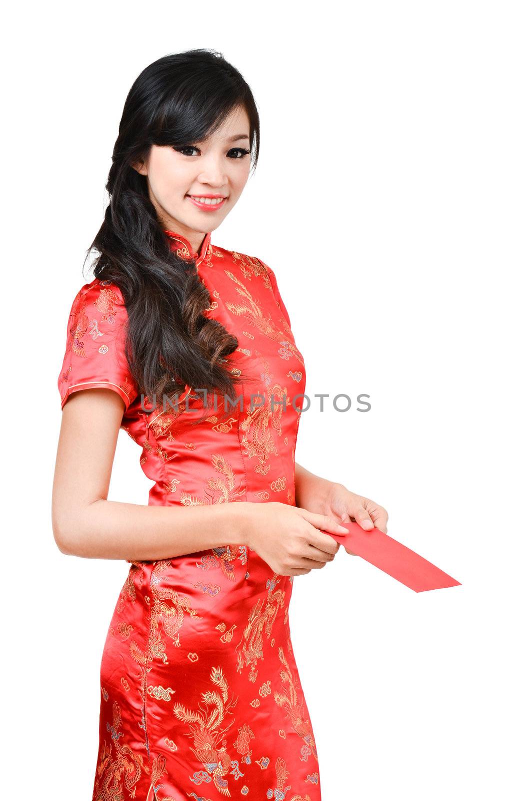 pretty women with cheongsam ,In Chinese new year a red packet is a monetary gift