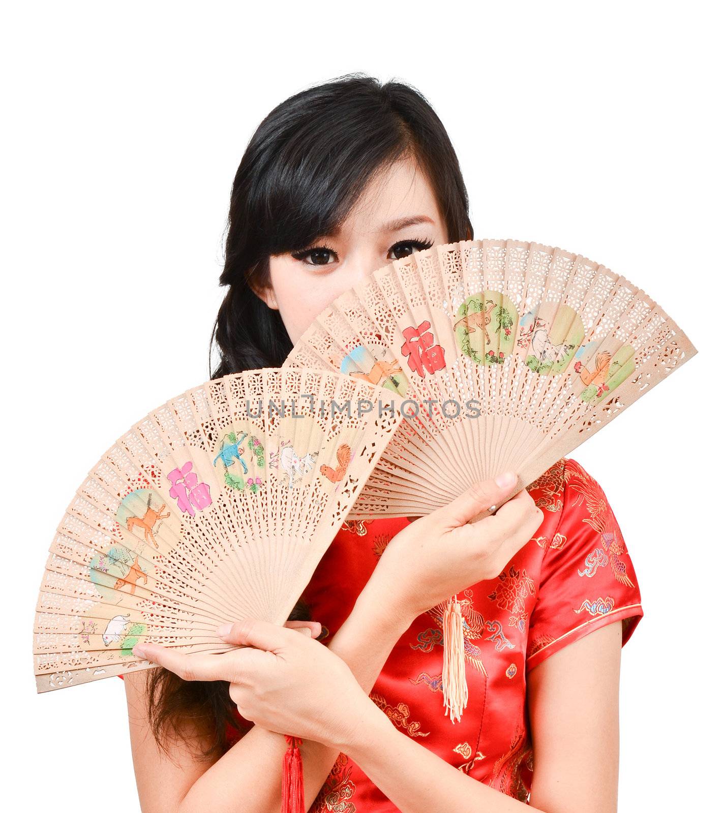 pretty women with Chinese traditional dress Cheongsam and hole Chinese Fan on white background