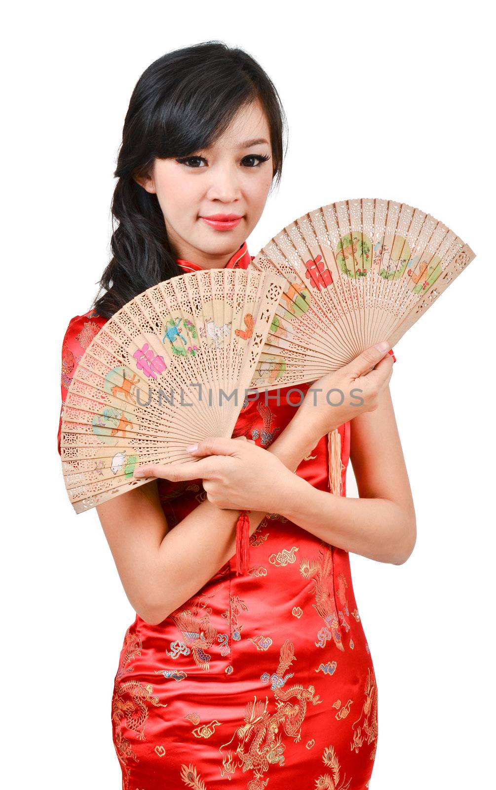 pretty women with Chinese traditional dress Cheongsam and hole Chinese Fan on white background