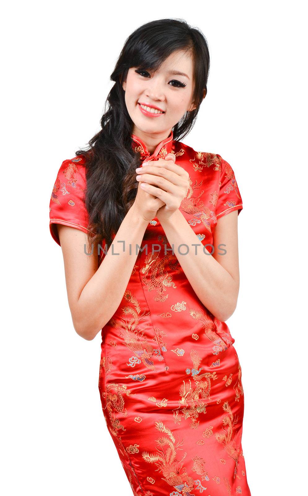 pretty girl with cheongsam wishing you a happy Chinese new year onwhite background