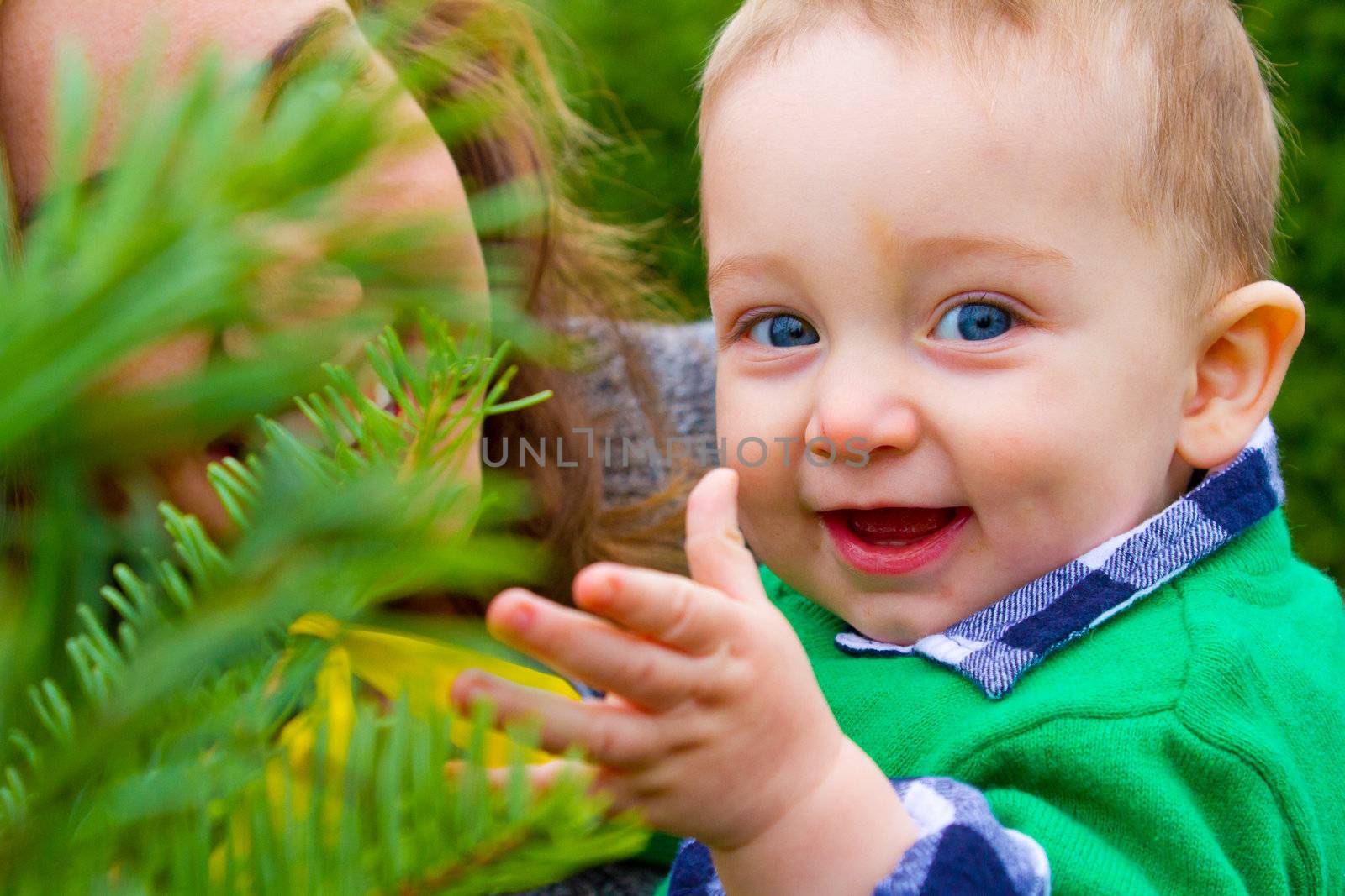 A cute young boy in a green shirt is having fun at a Christmas tree farm in Oregon.