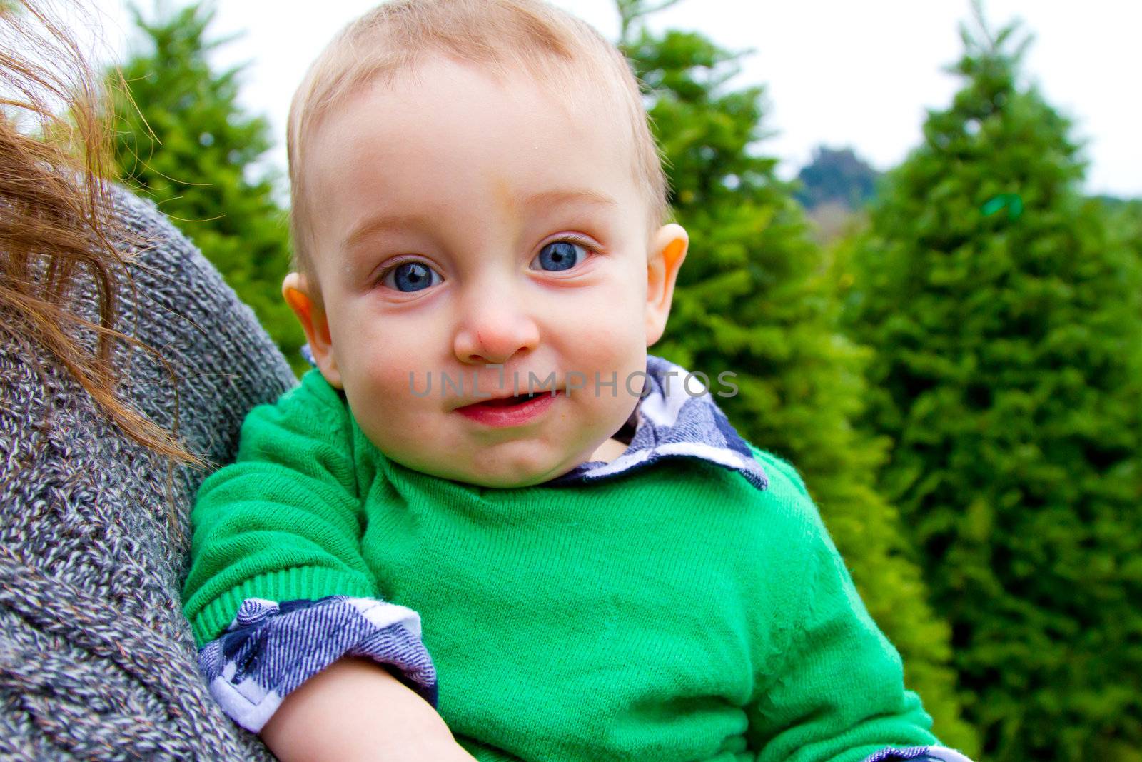 A cute young boy in a green shirt is having fun at a Christmas tree farm in Oregon.