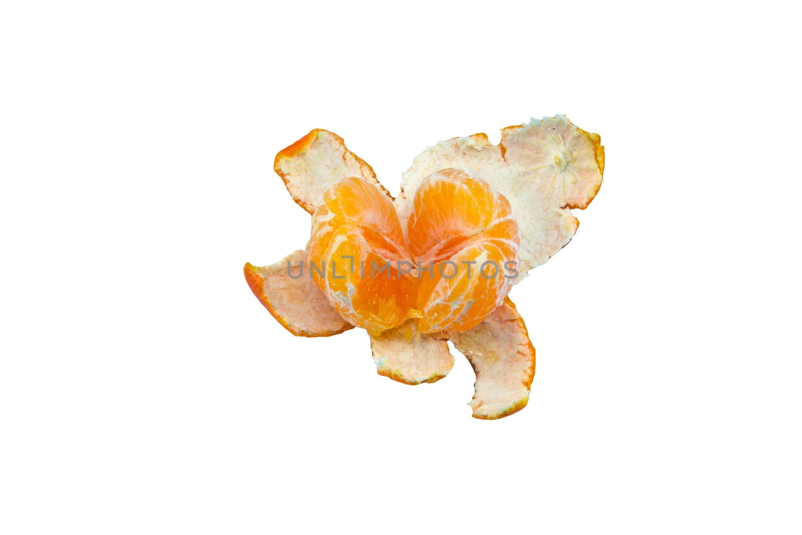 A peeled tangerine isolated on white background