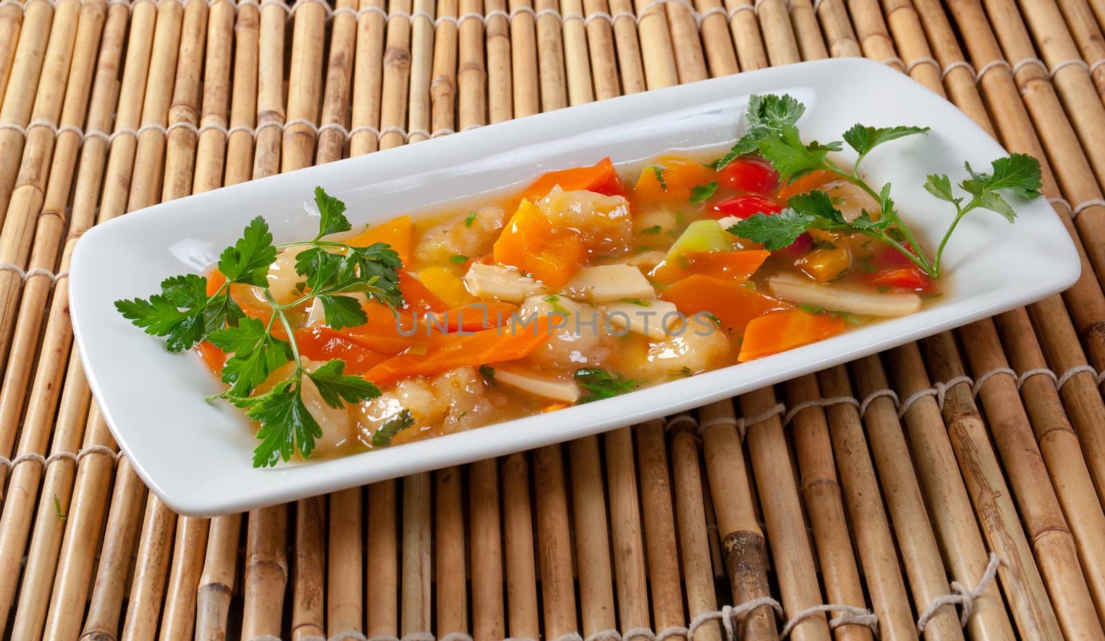 pork with vegetable and soya sauce.closeup