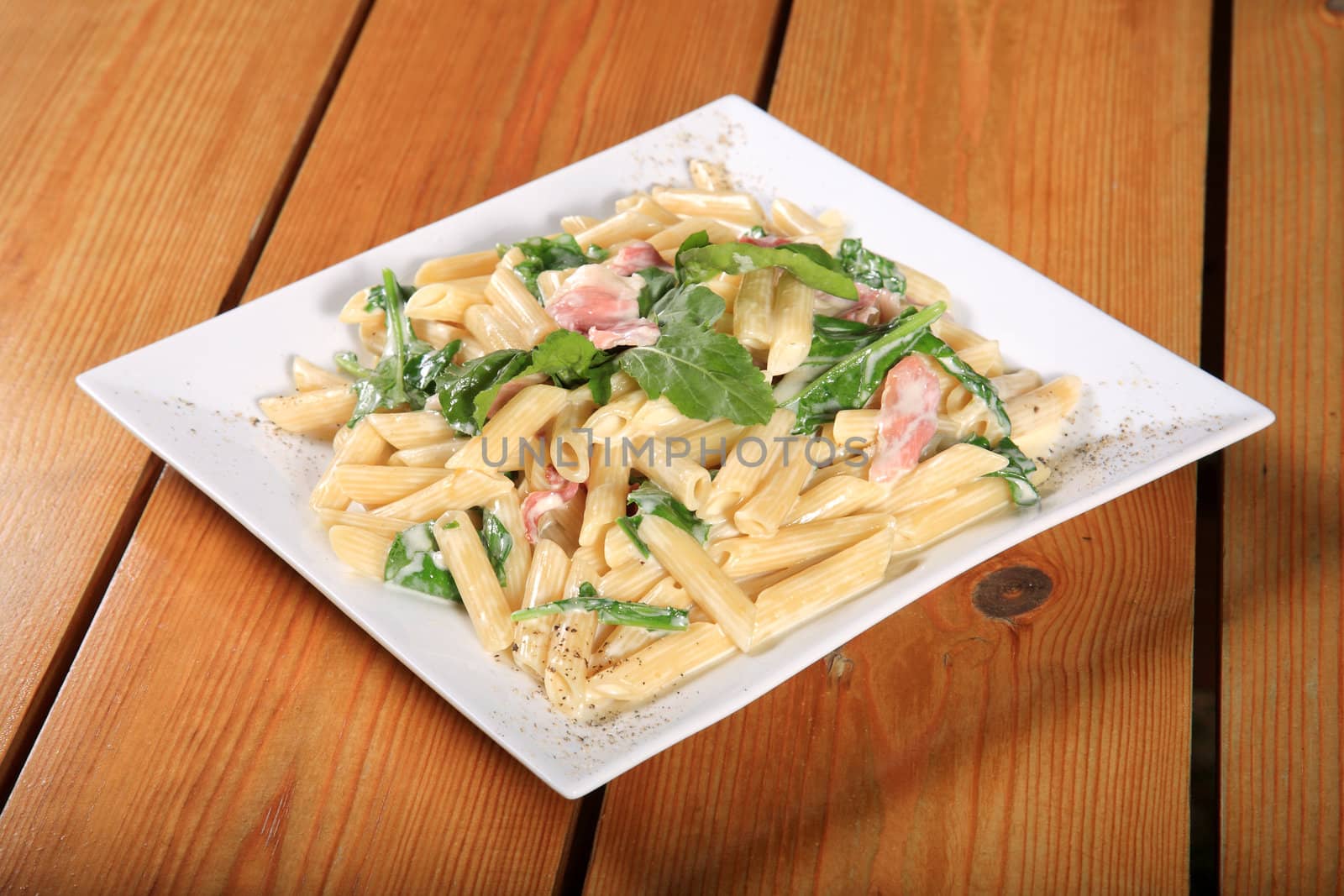 fresh pasta rigatoni with bacon and mint