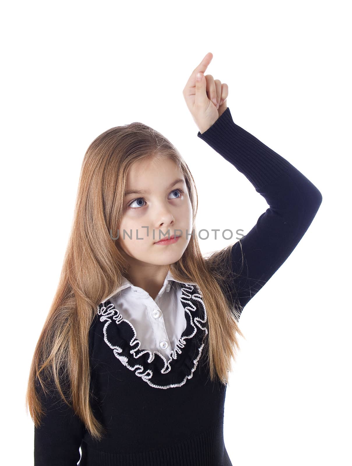 Young blond girl who is pointing a finger on... Isolated on the white