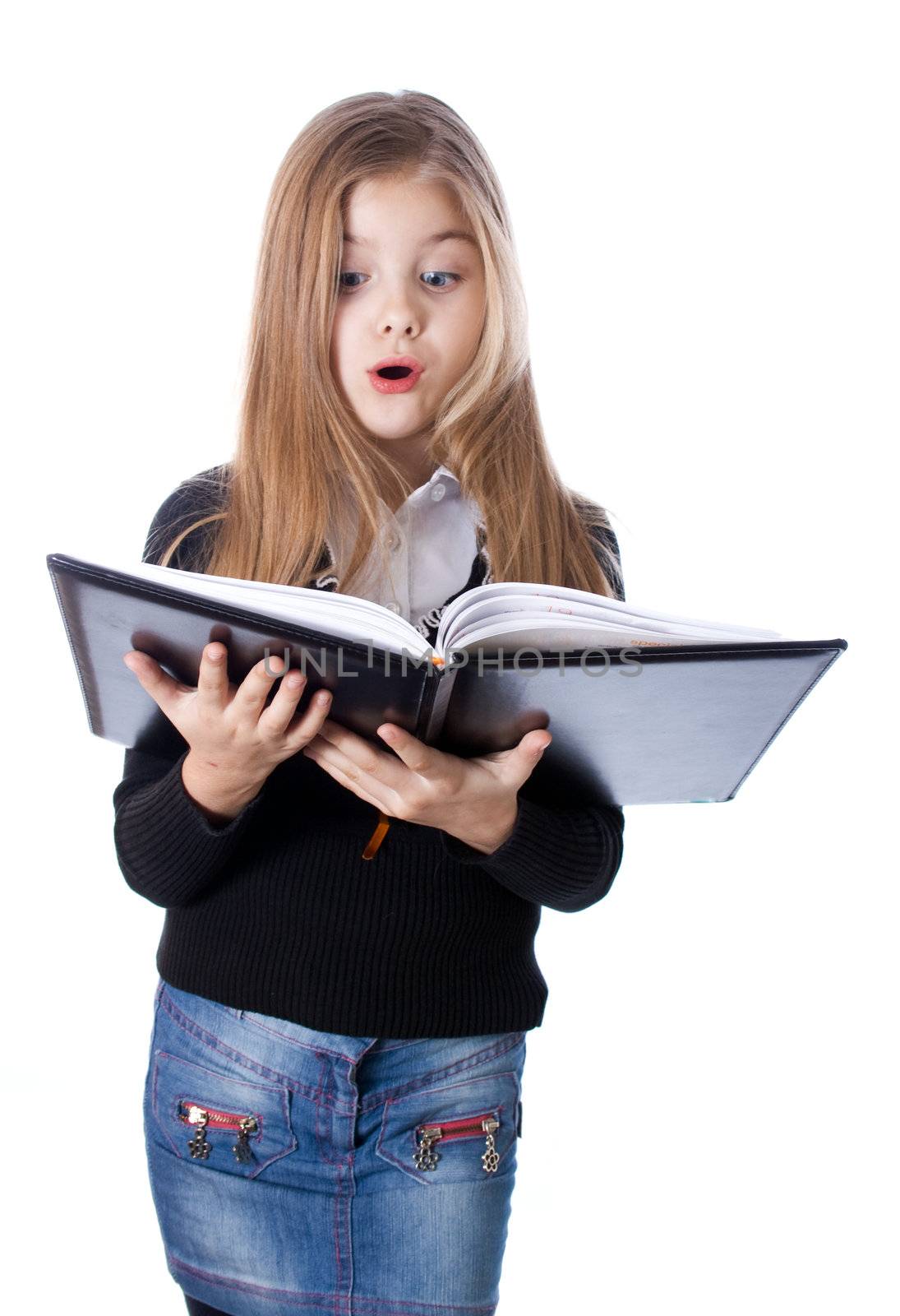 school girl standing with blank book in hands isolated