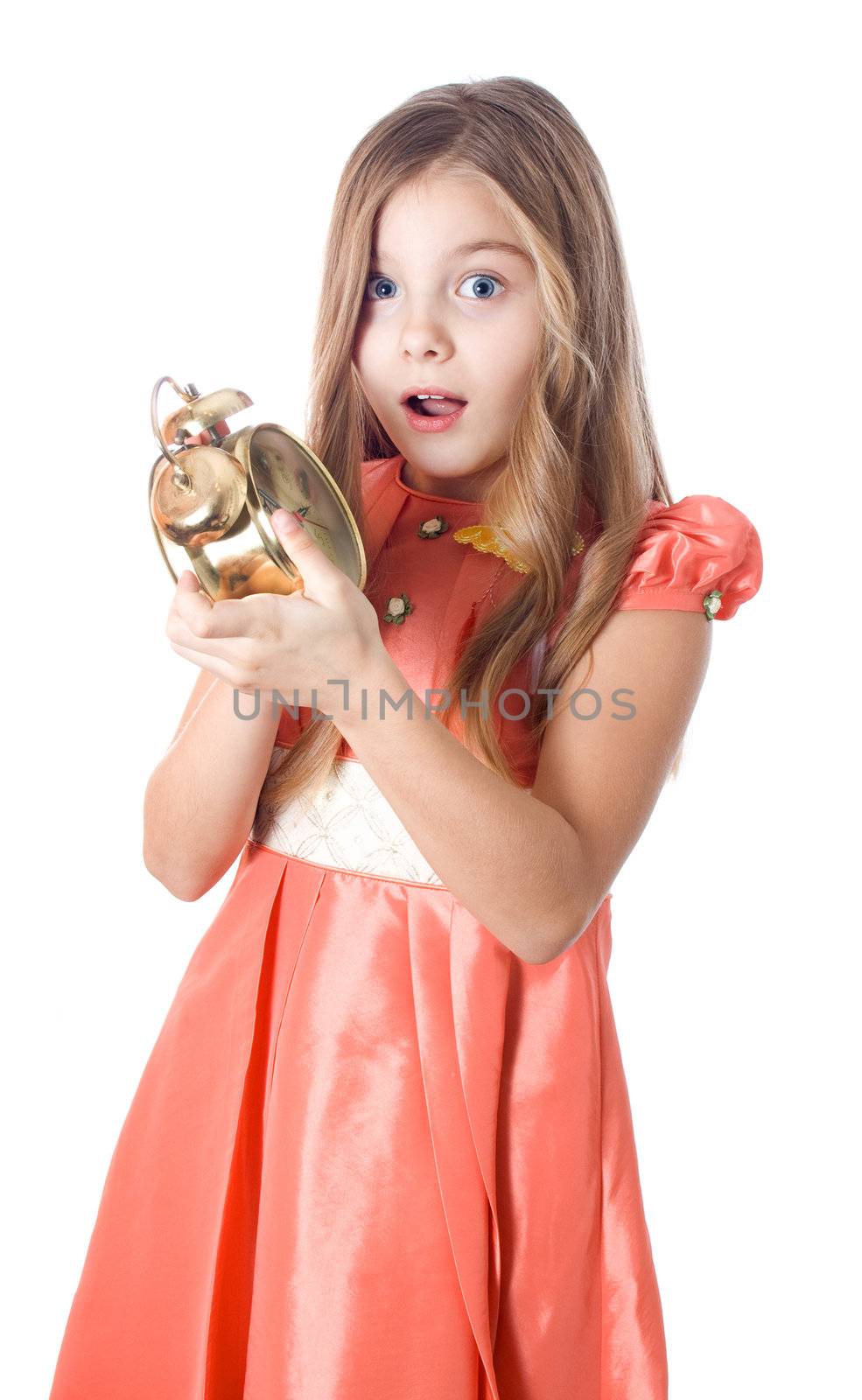 girl with alarm clock in his hands late scare