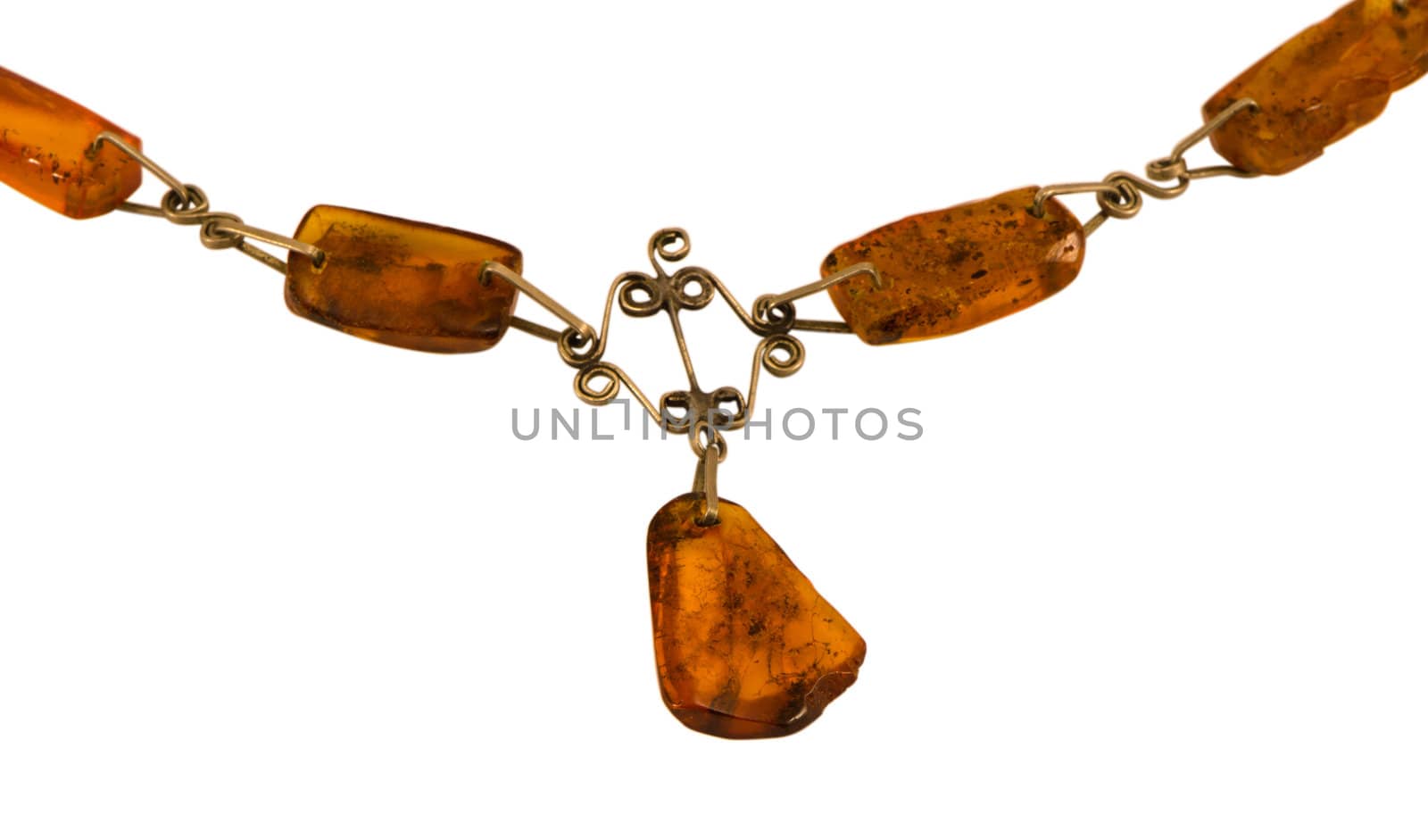 closeup part of necklace collar beads made from baltic gold amber stone isolated on white background.