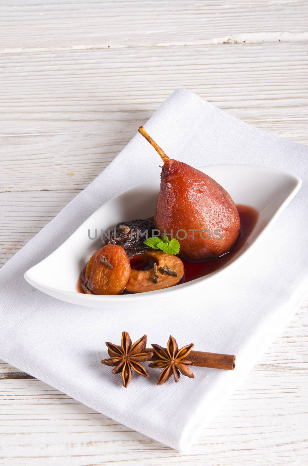 pear helene in red wine with spices