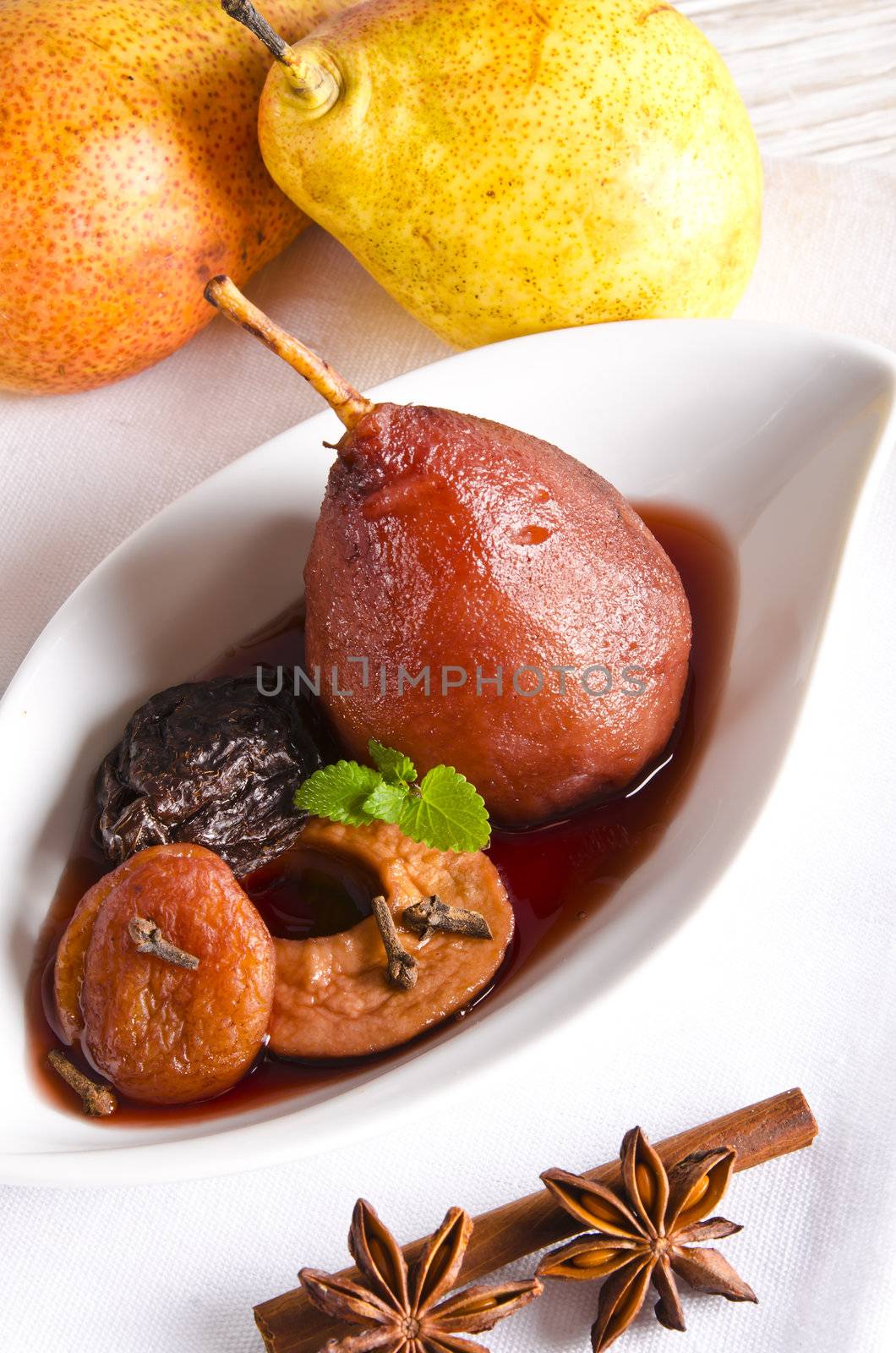 pear helene in red wine with spices