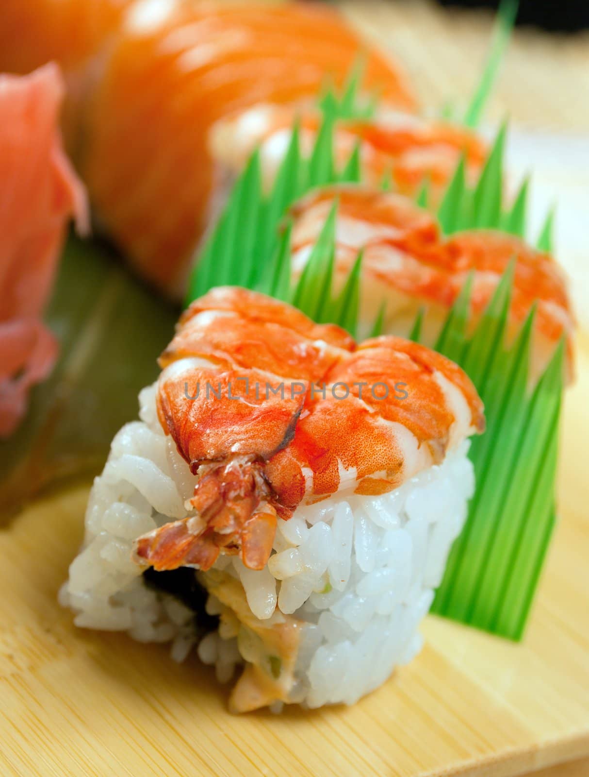 Japanese sushi . traditional japanese food.Roll made of salmon and prawn