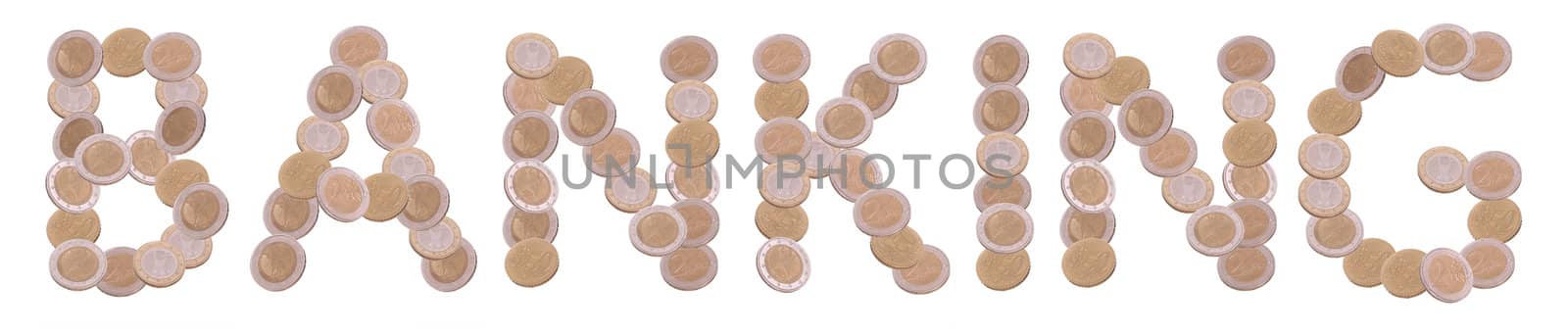 banking - written with coins on white background