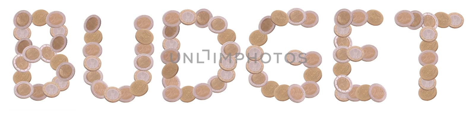 budget - written with coins on white background
