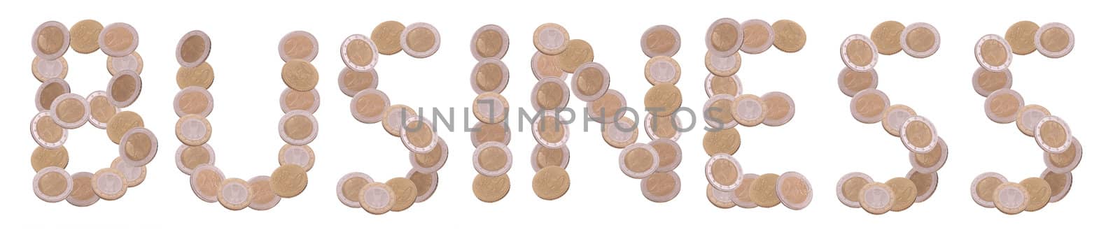 business - written with coins on white background