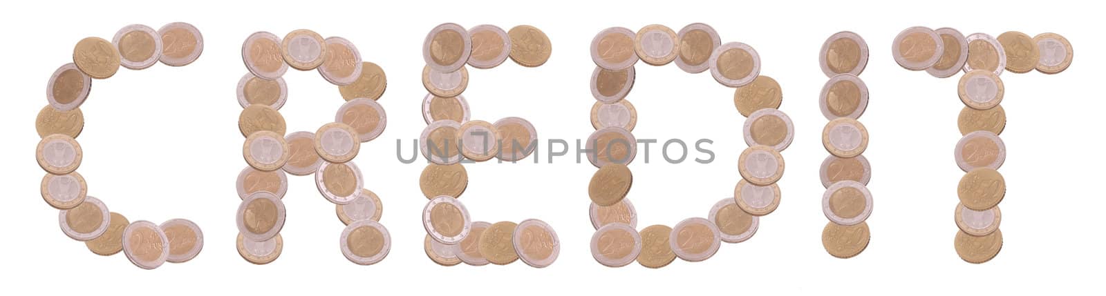 credit - written with coins on white background