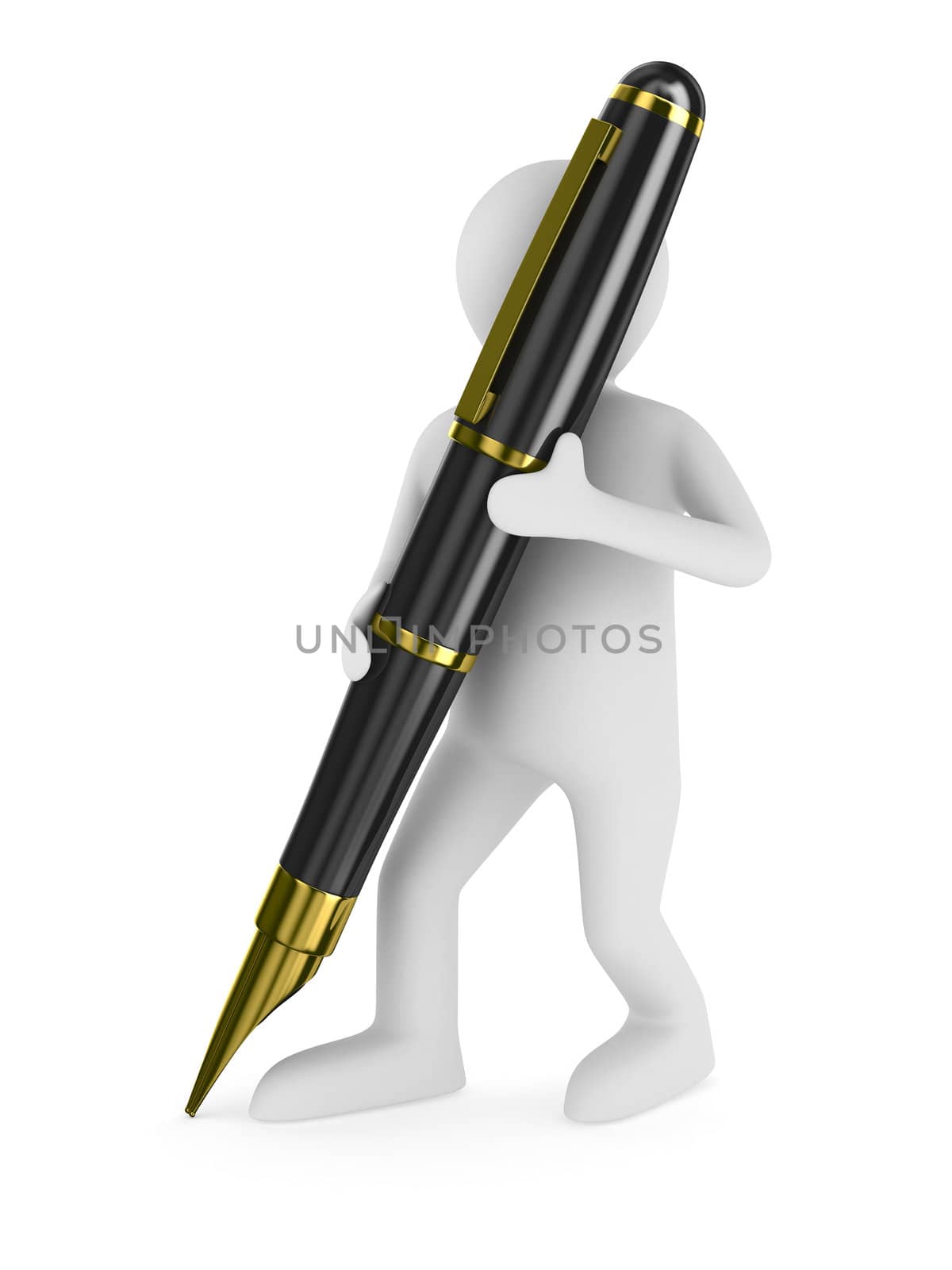 man with fountain pen on white background. Isolated 3D image
