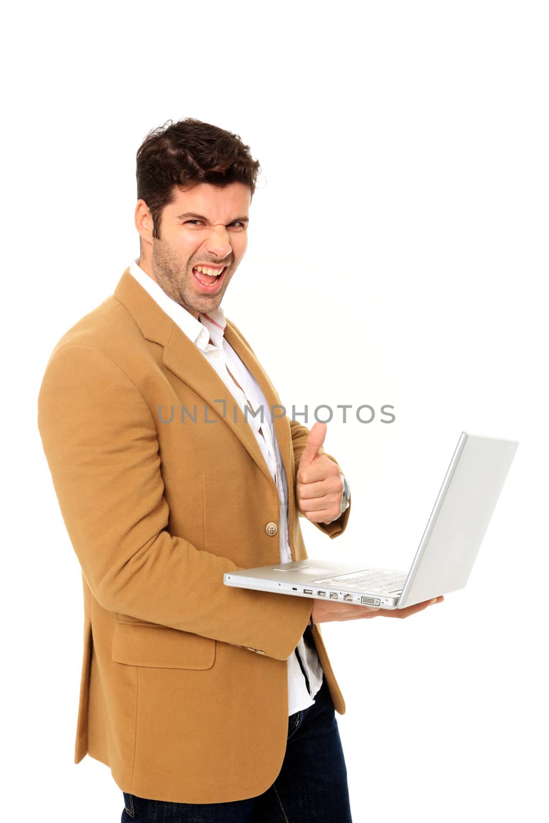 young handsome man holding a laptop isolated on a white background