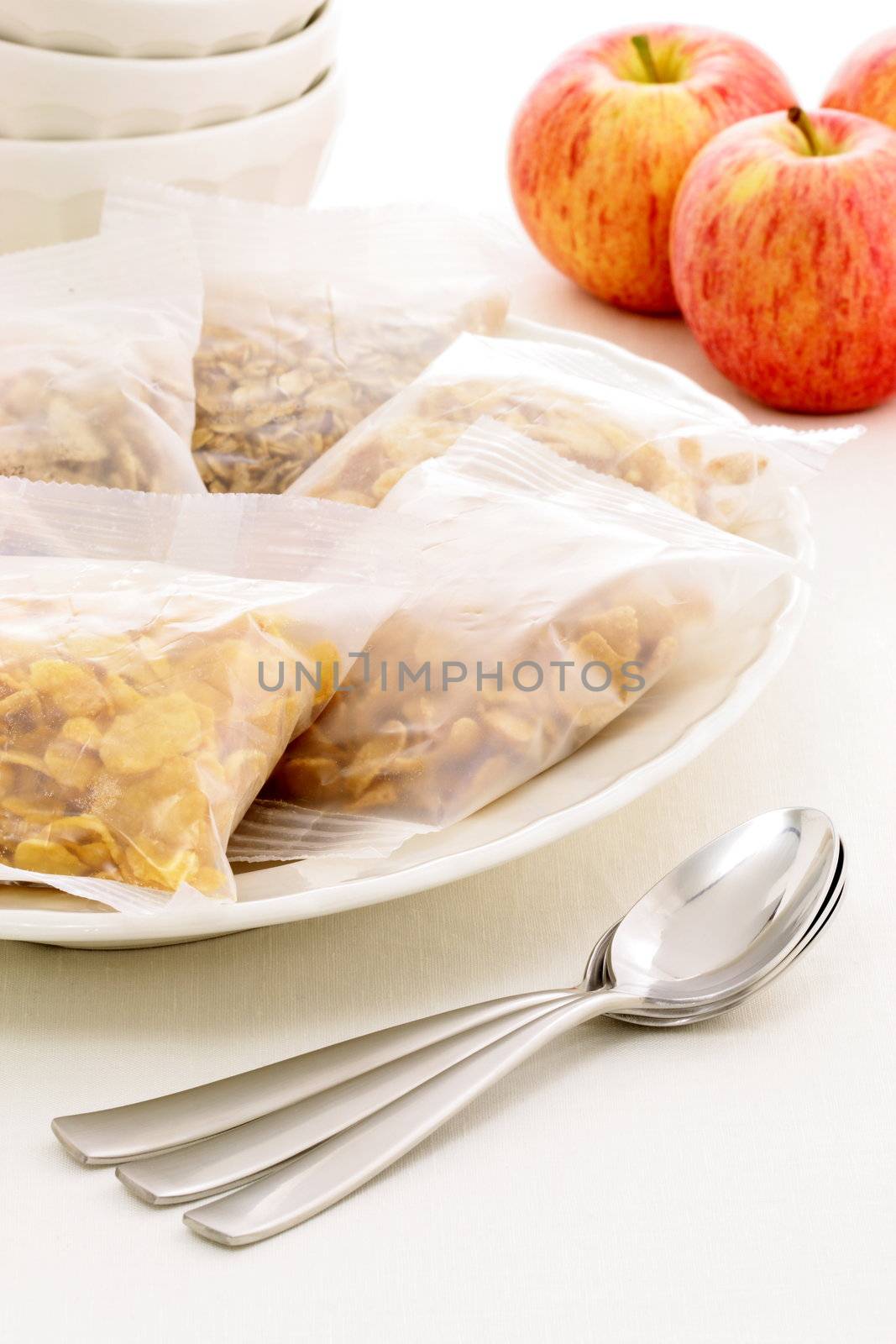 delicious, healthy and assortes cereal bags  and nutritious apples with  French Cafe au Lait Bowls 