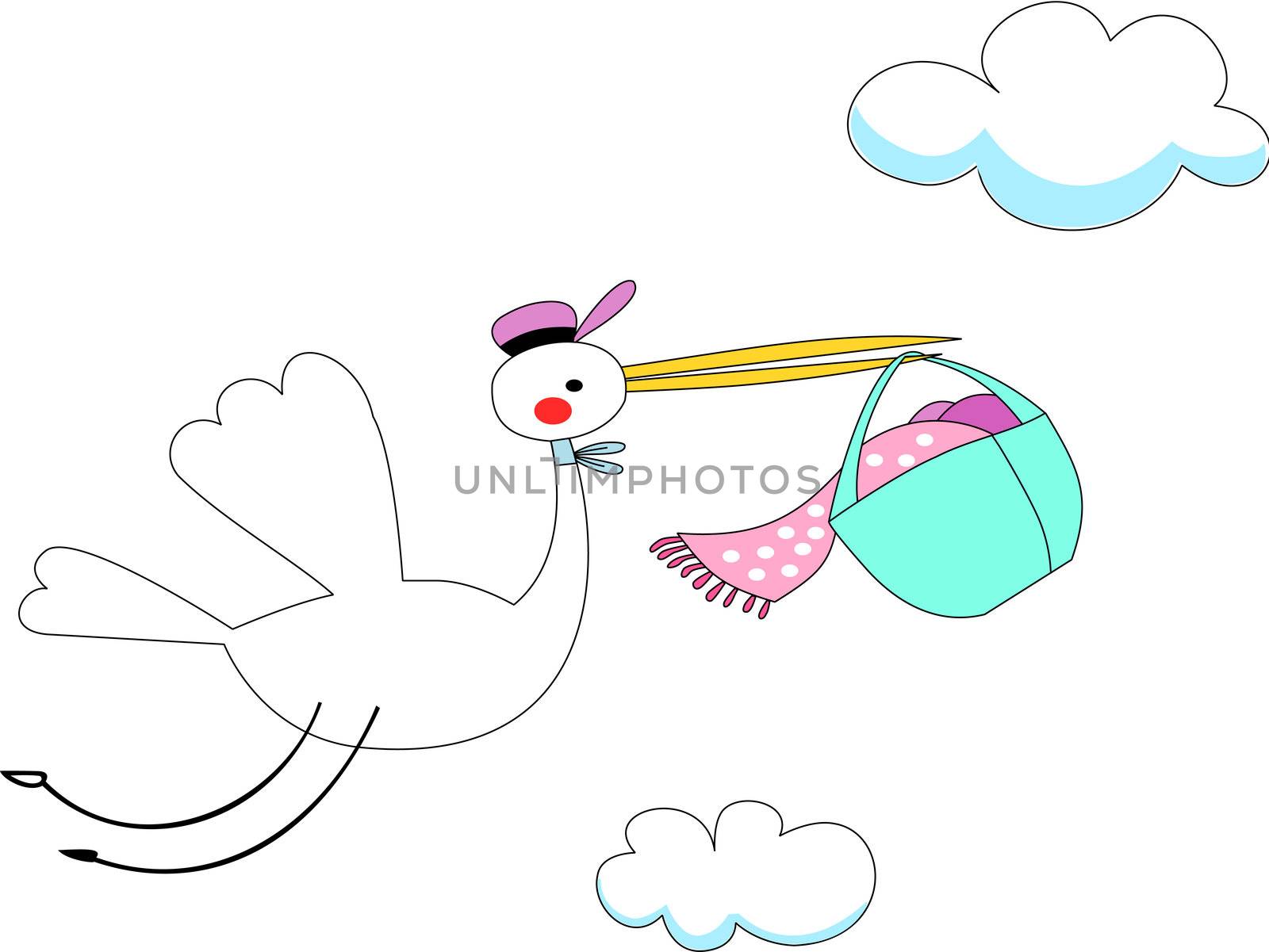 White large stork with long yellow stout bills carries baby wrapped in pink sheets inside a blue basket.