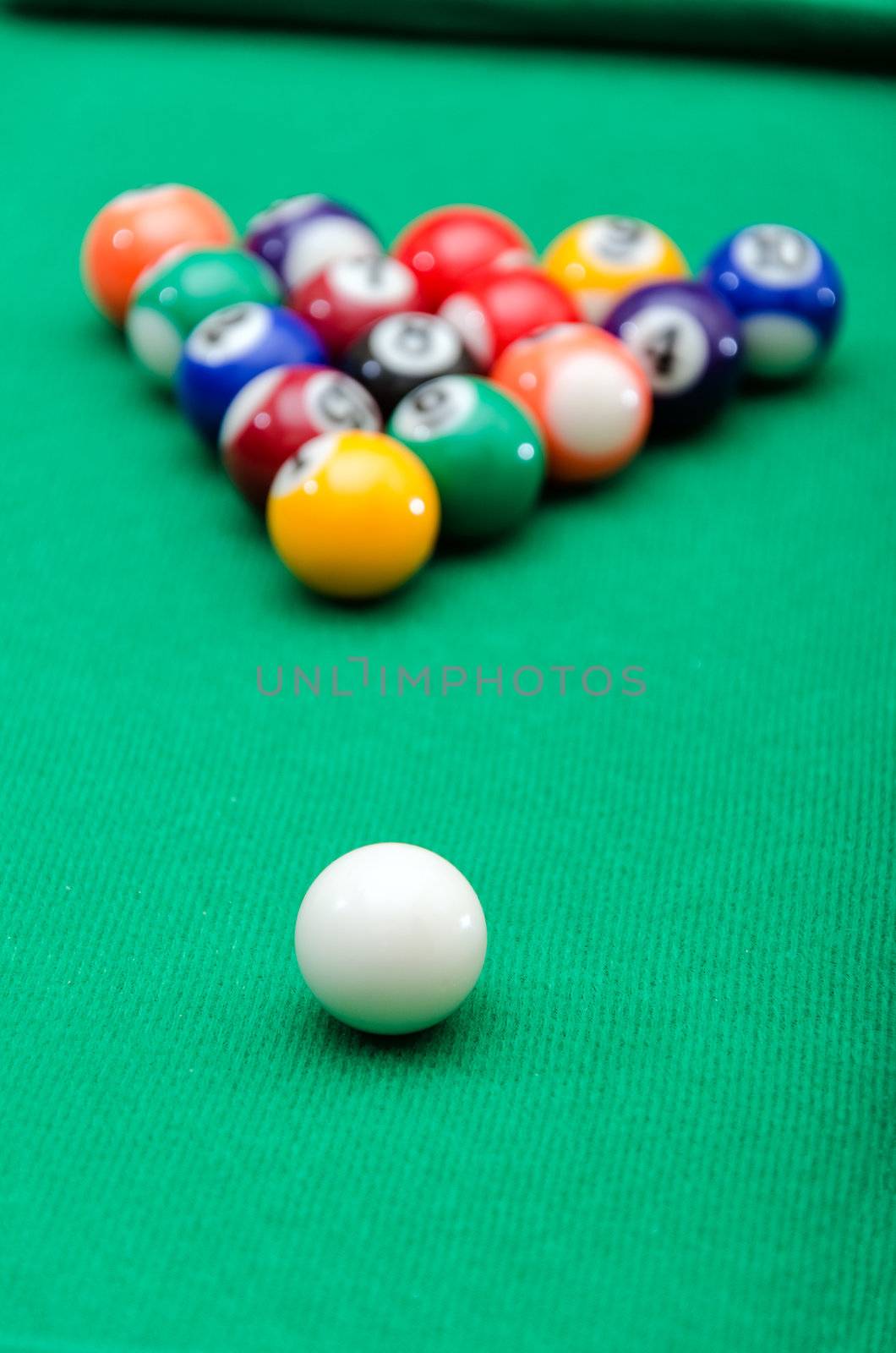 Pool game balls on green felt table by dmitrimaruta