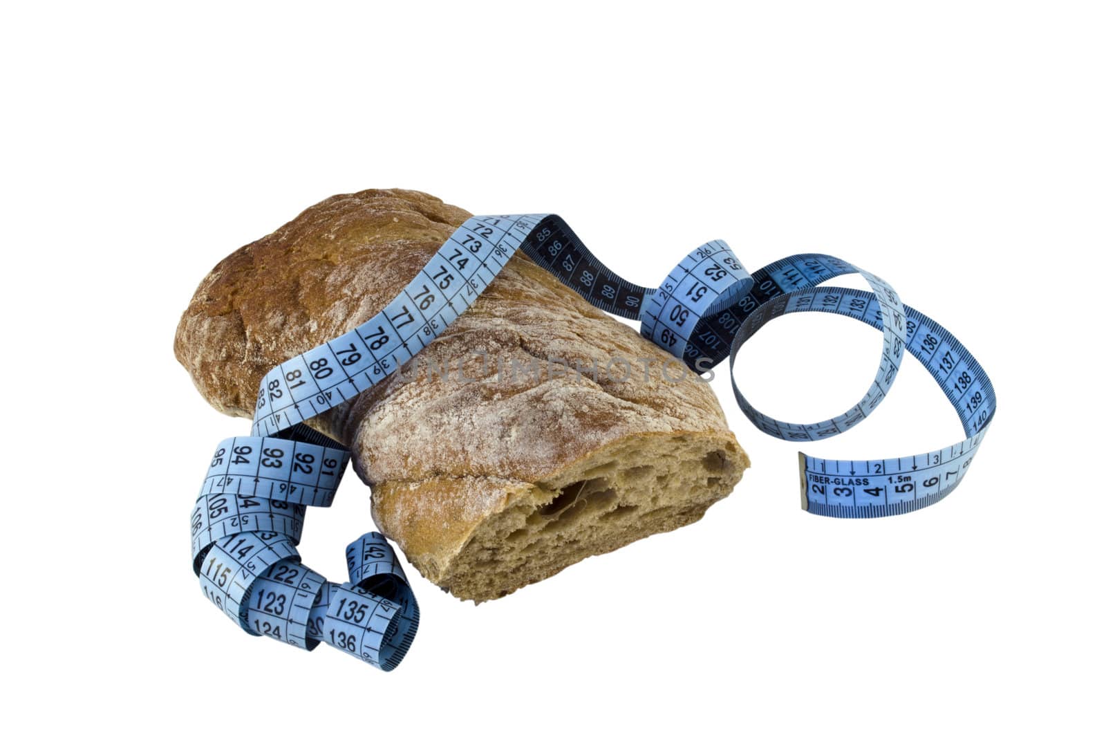 Italian Ciabatta bread and blue measure tape isolated on white background