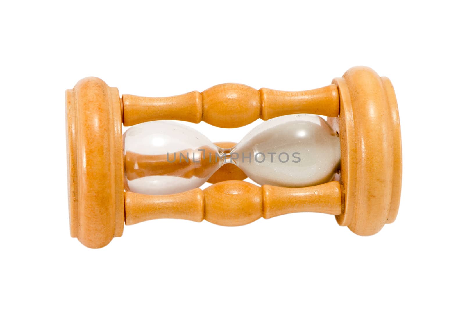 wooden retro sand glass clock lie on side with white sand isolated on white background. time stop concept.