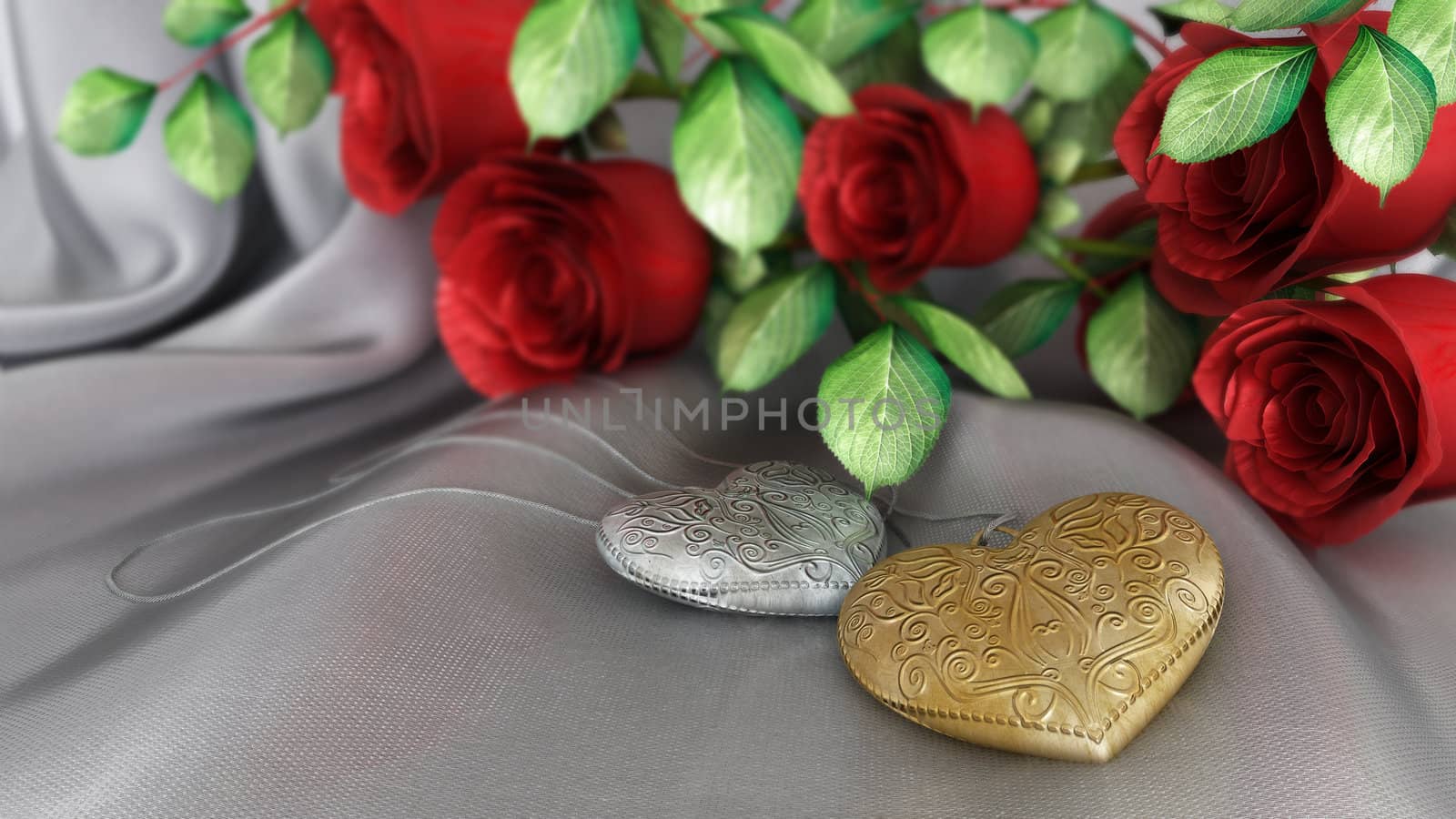 holiday and wedding background with roses, jewelry and fabric