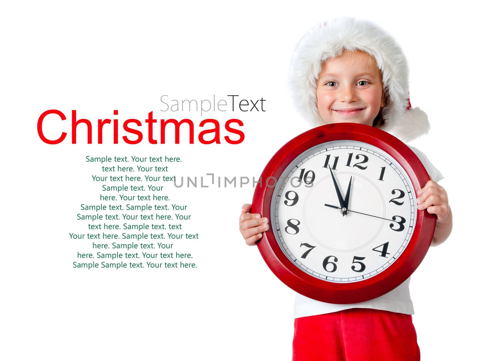 cute little girl in santa cap and clock isolated oin white with sample text