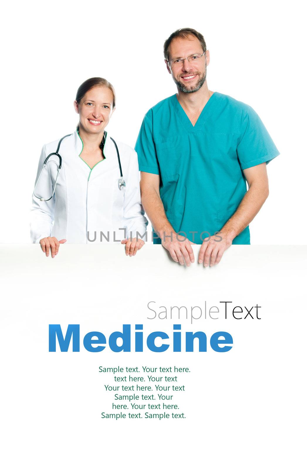 friendly doctors holding a white blank board with sample text