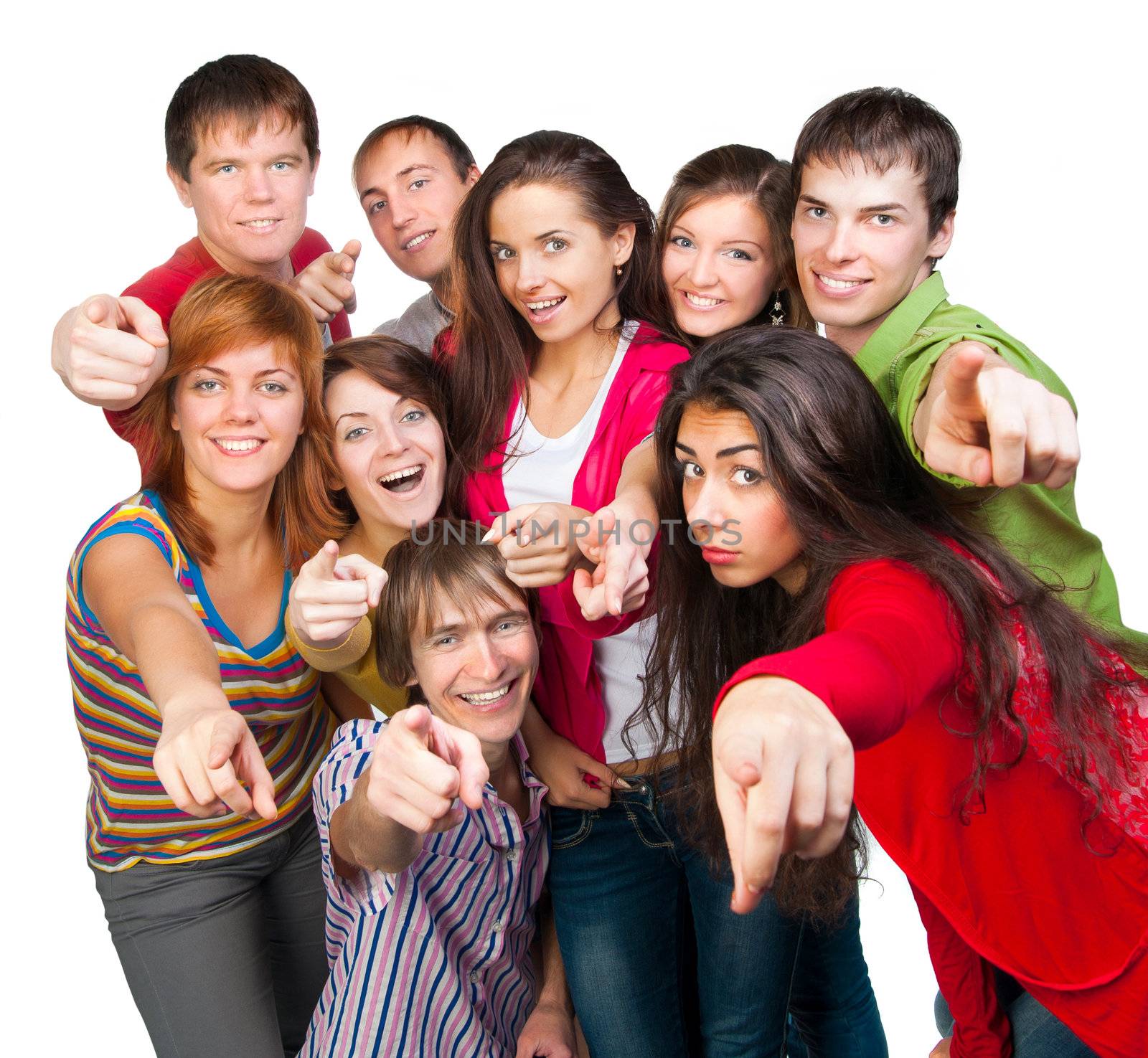 group of casual happy people smiling and shows fingers at the camera