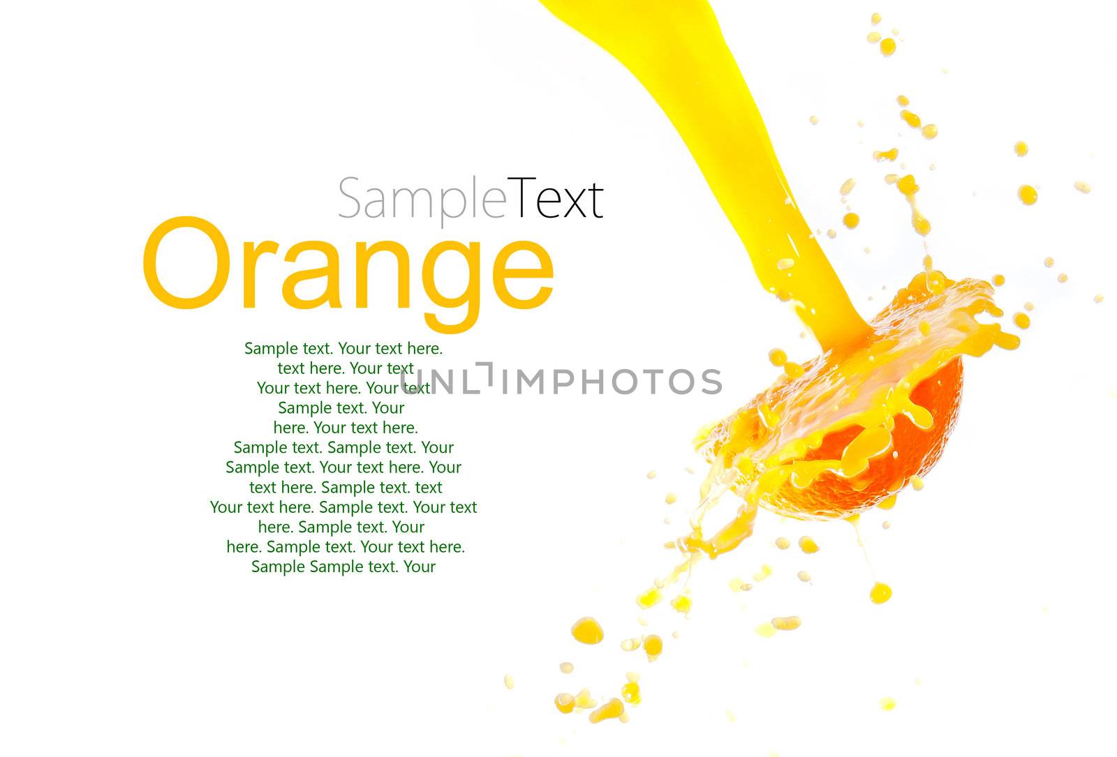 orange juice splash isolated on white background with sample text