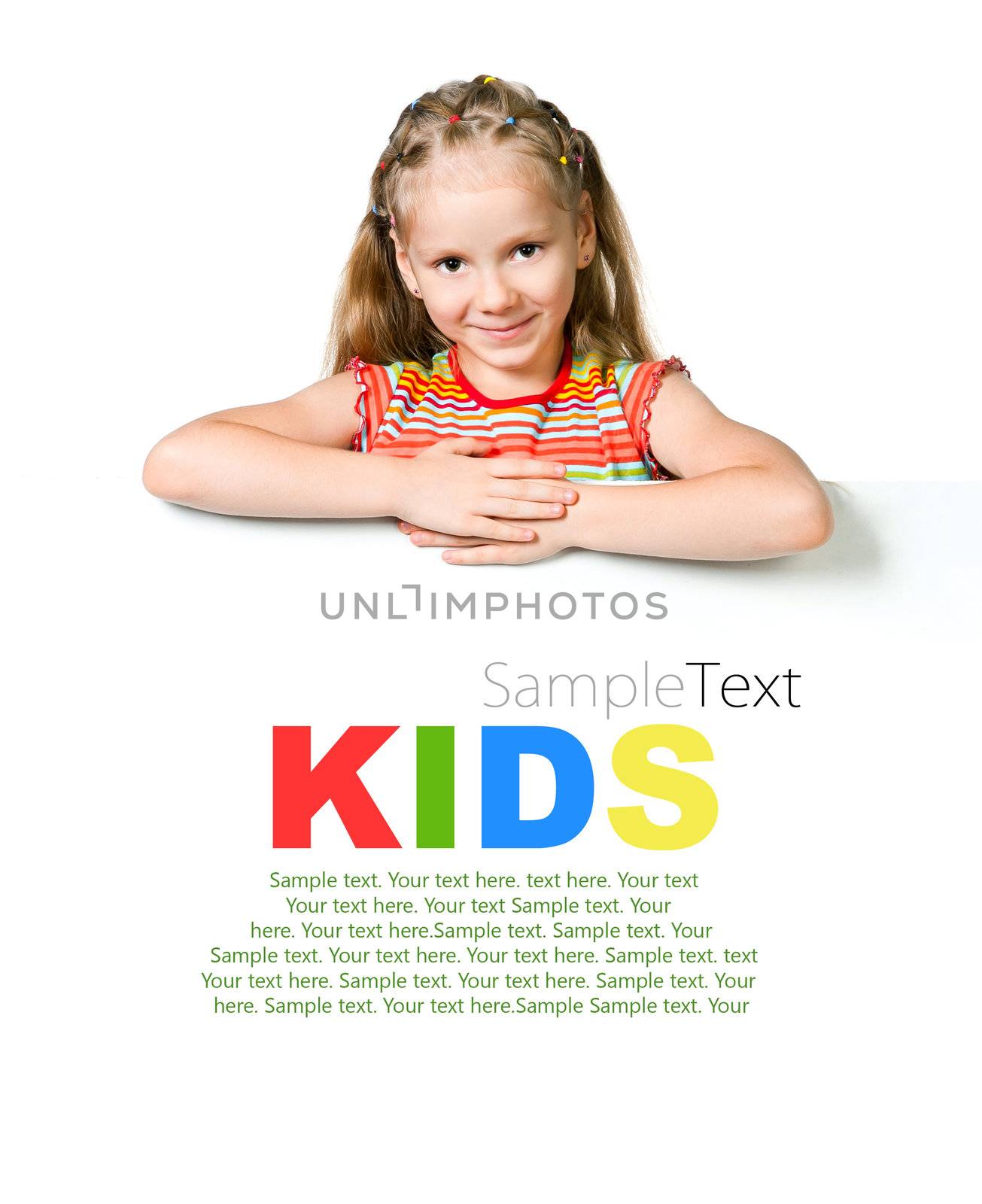 cute little girl behind a white banner with sample text