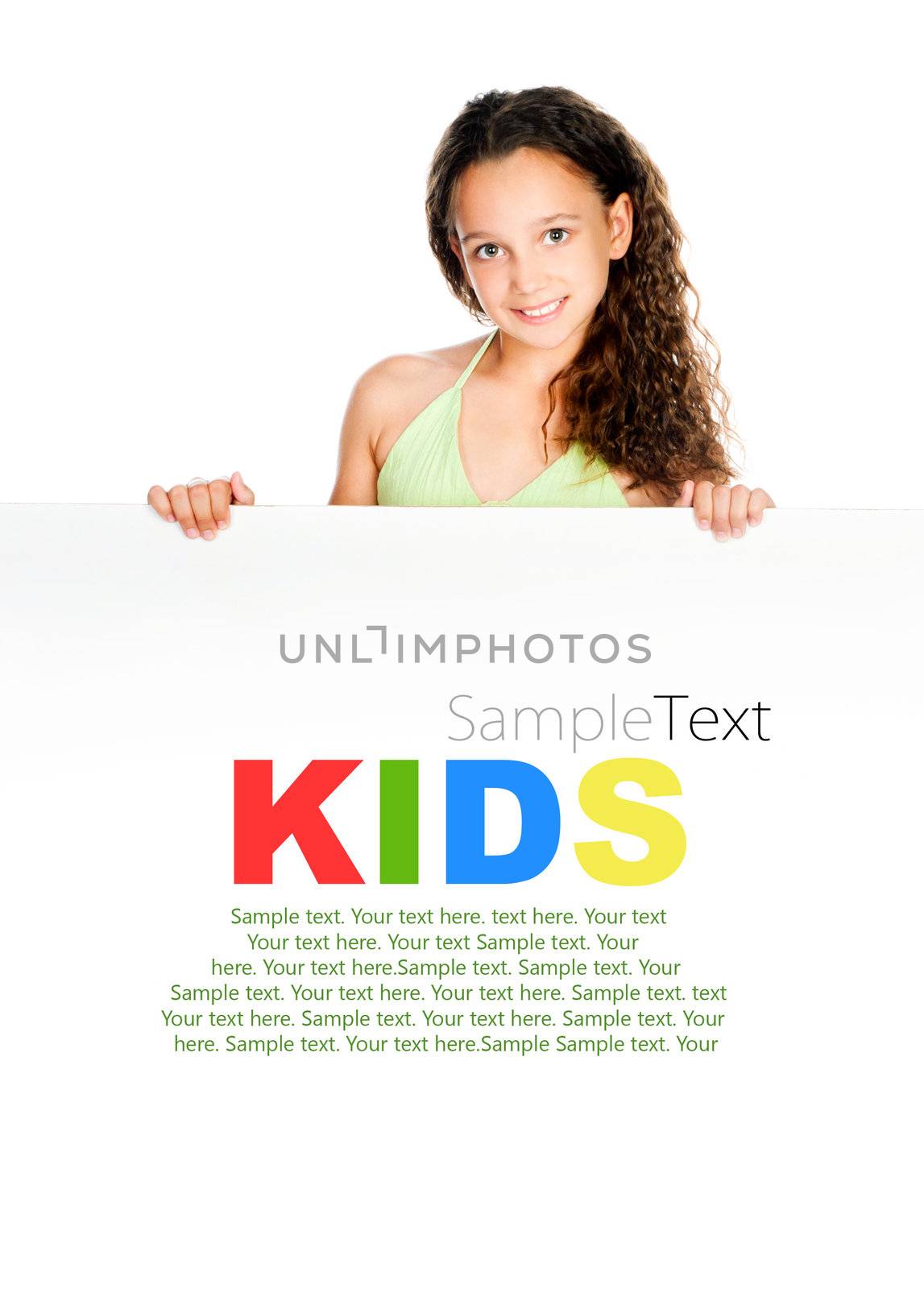 Beautiful little girl against a white blank with sample text