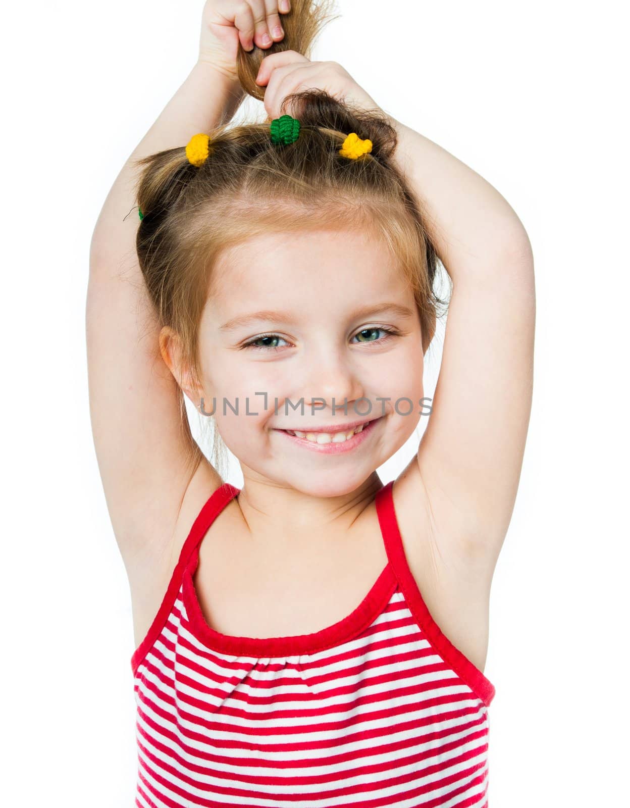 Portrait of happy little girl a on white background