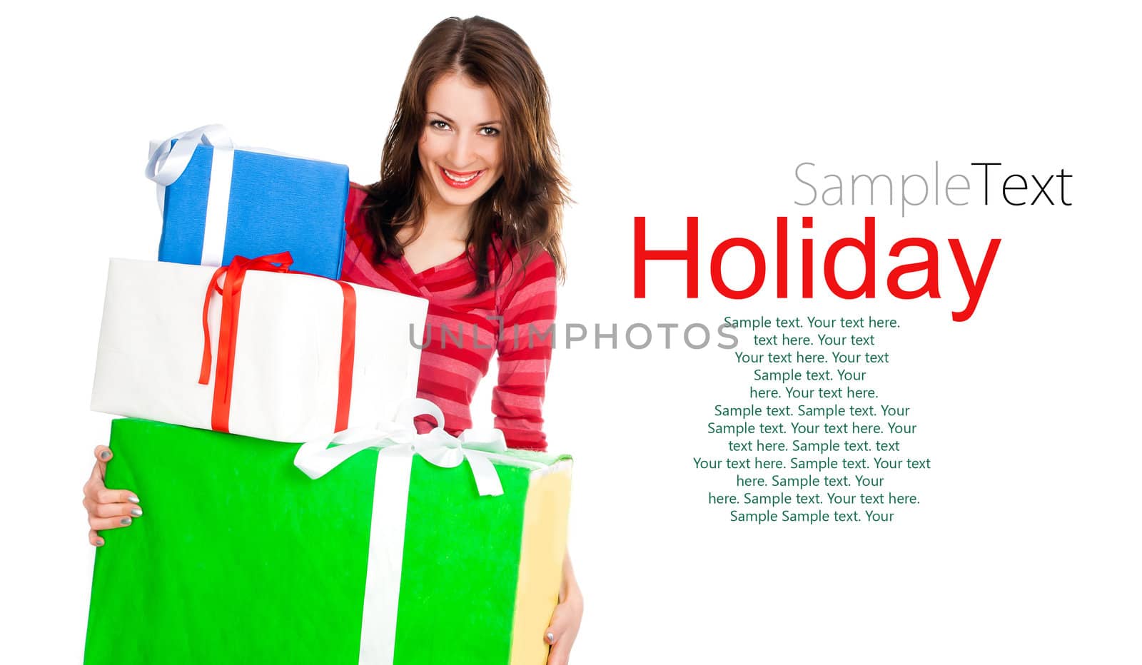 cute young girl with a gifts on a white background with sample text