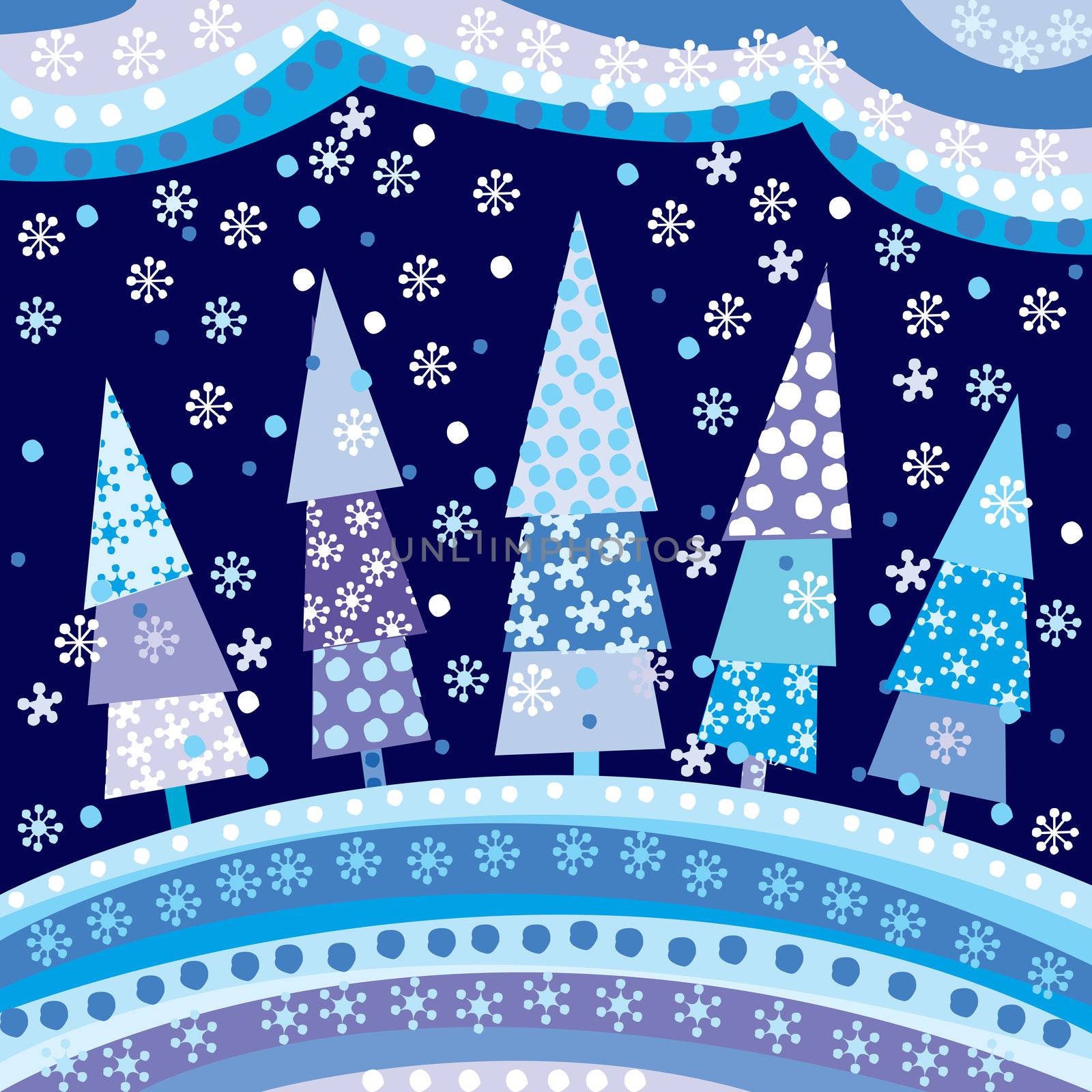 Background with Christmas trees and motifs under night sky by hibrida13