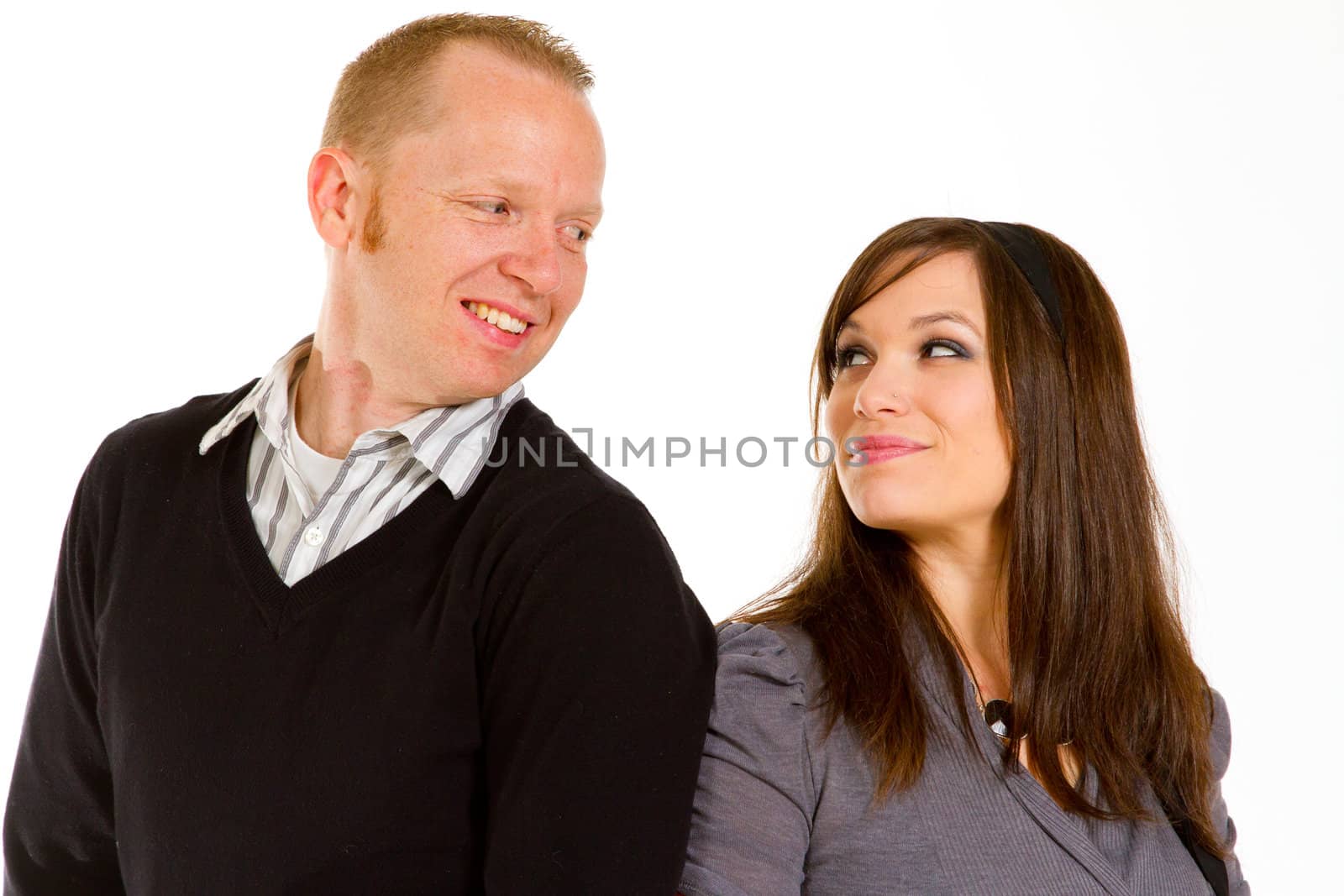 A couple in the studio on an isolated white background for a portrait.