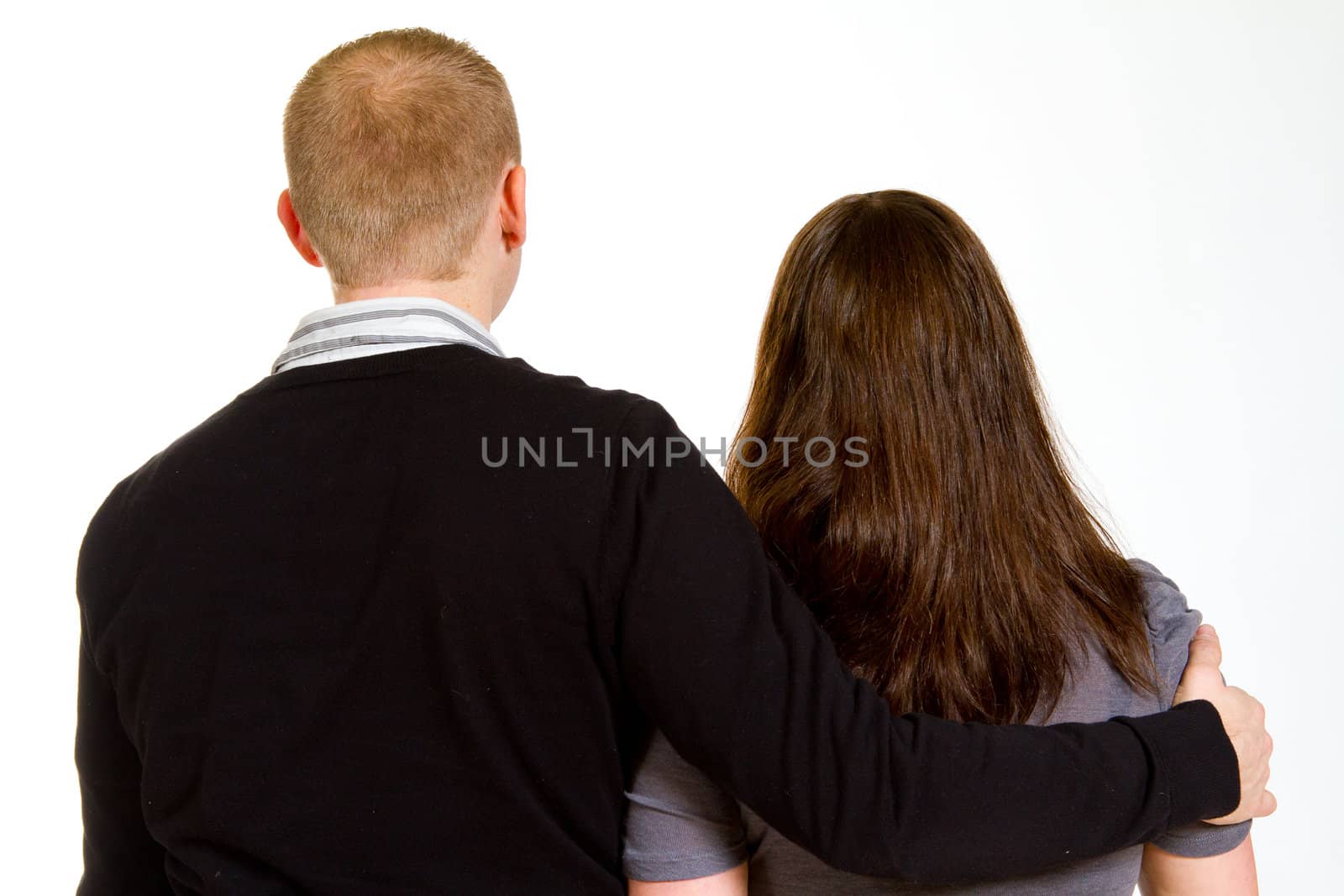 A couple in the studio on an isolated white background for a portrait.
