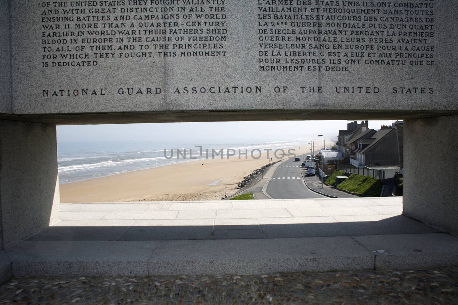 Omaha Beach viewed through the US Army National Guard Memorial at Vierville-sur-Mer, Normandy, France.