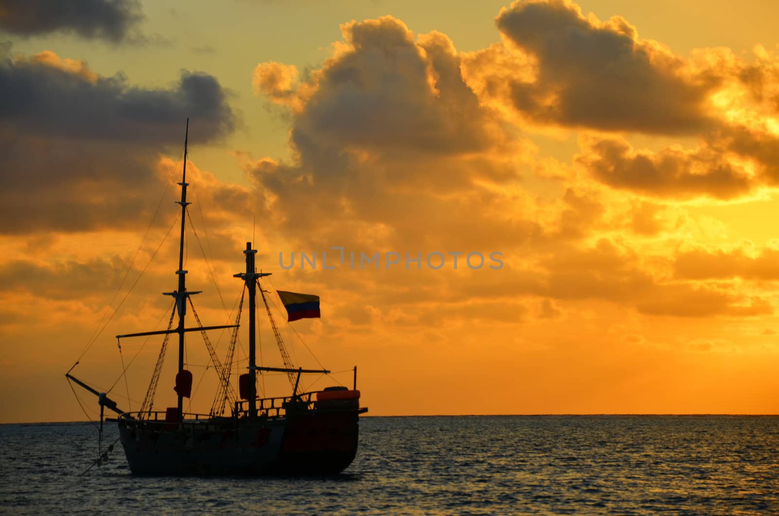 Caribbean sunrise with a pirate ship in San Andres, Colombia