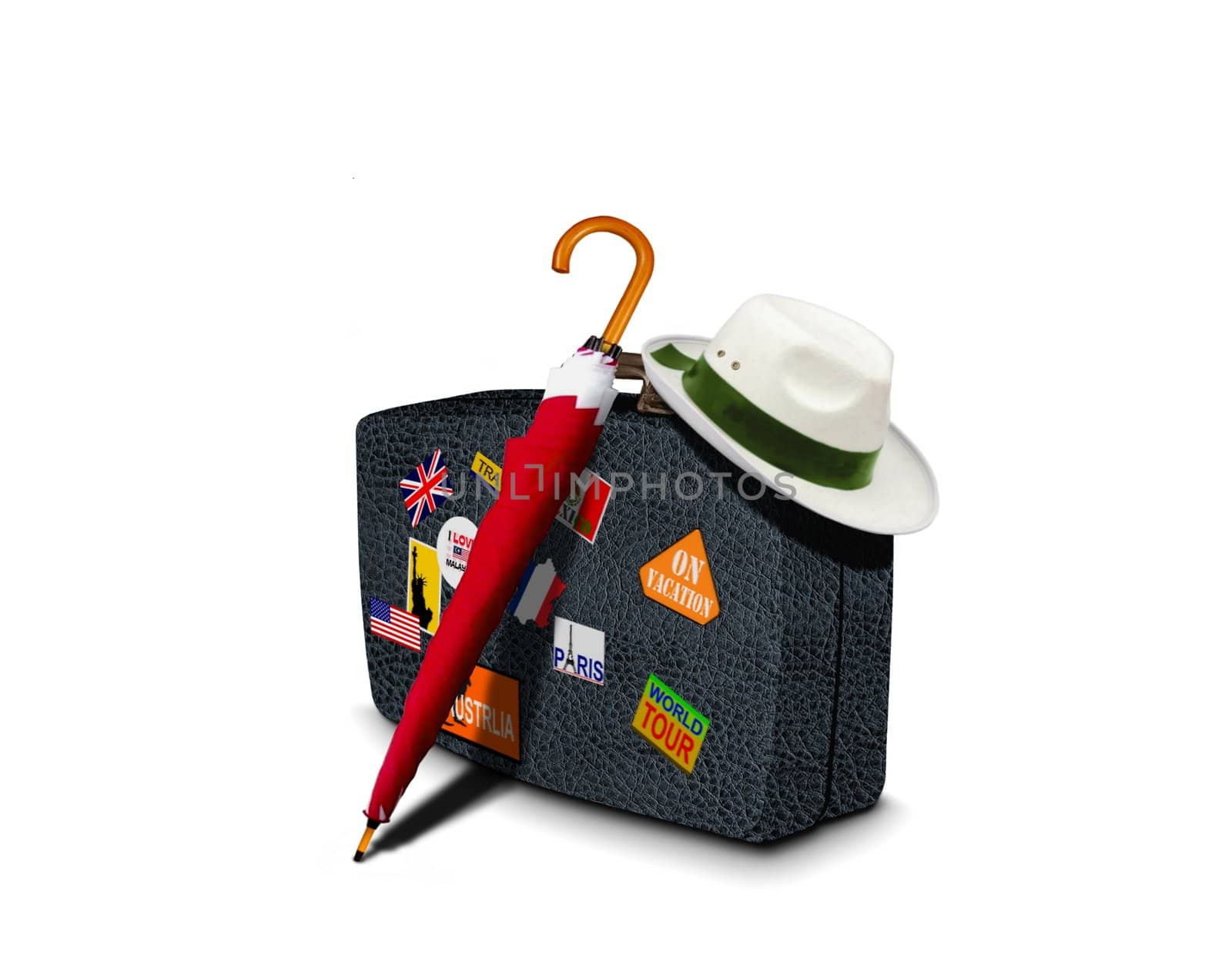 Black leather suitcase with umbrella and hat