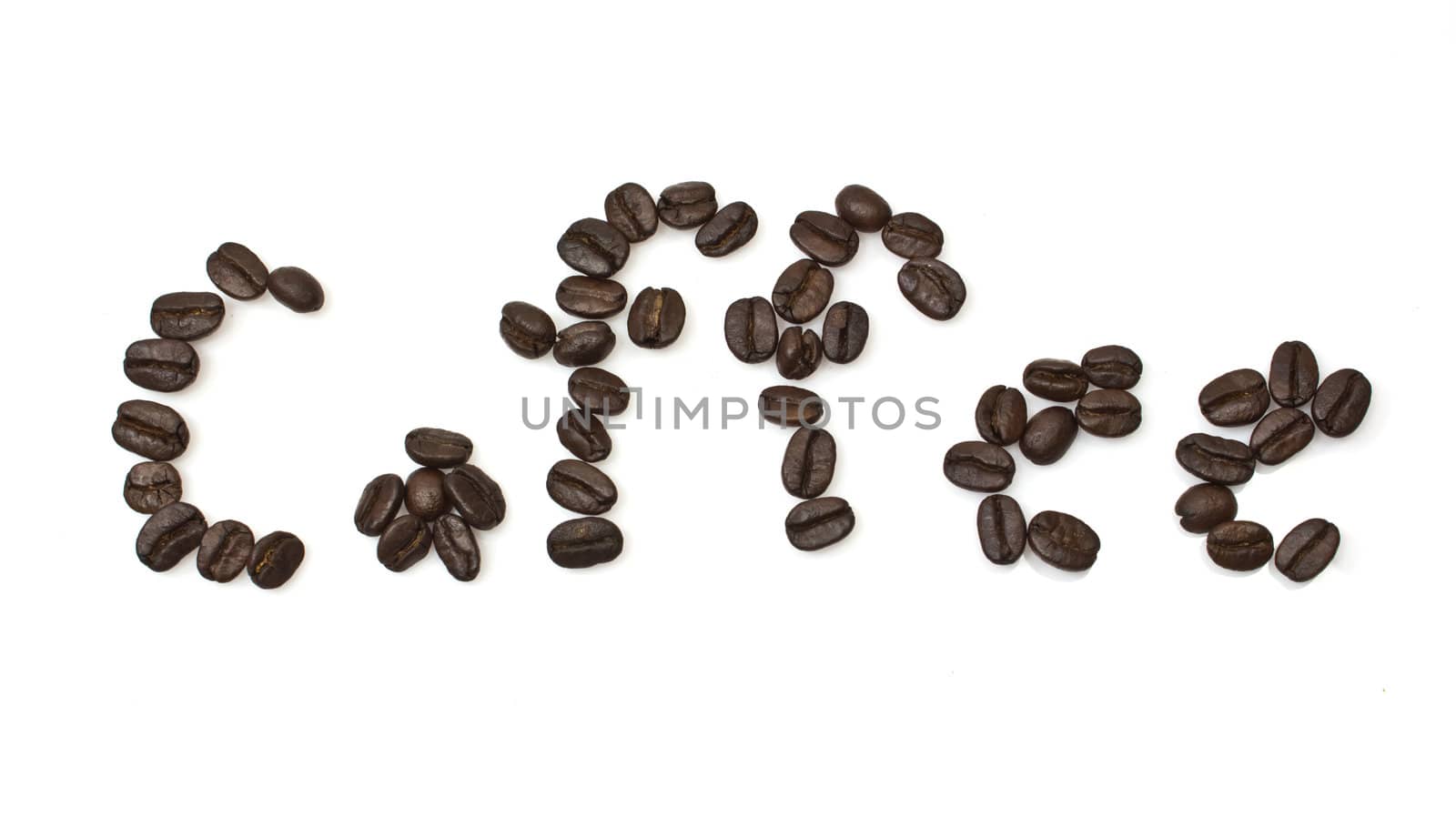 The word of coffee is made of coffee beans is isolated on a white background.