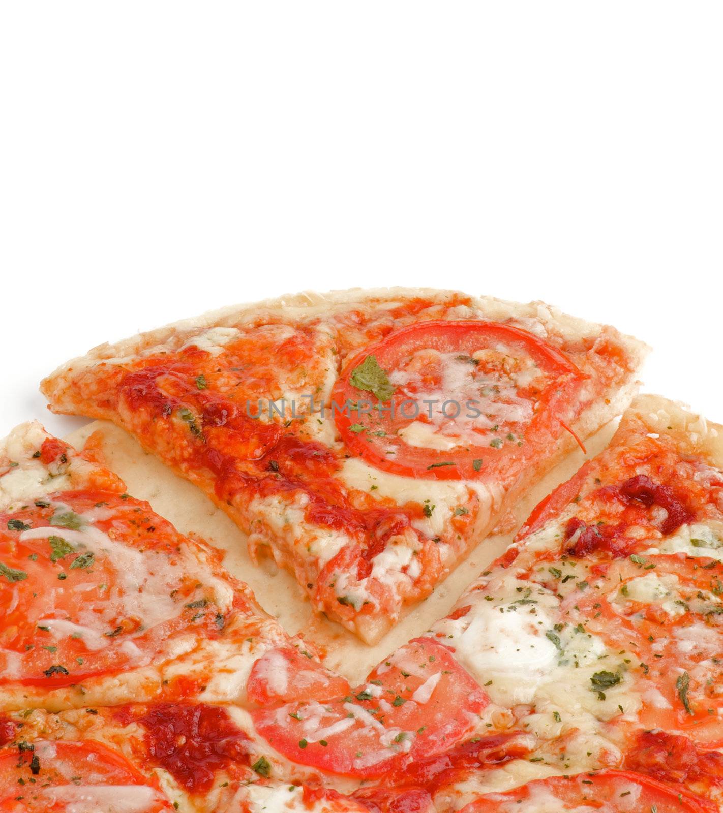 Piece of and Whole Cheese Pizza with Tomatoes and Greens closeup on white background
